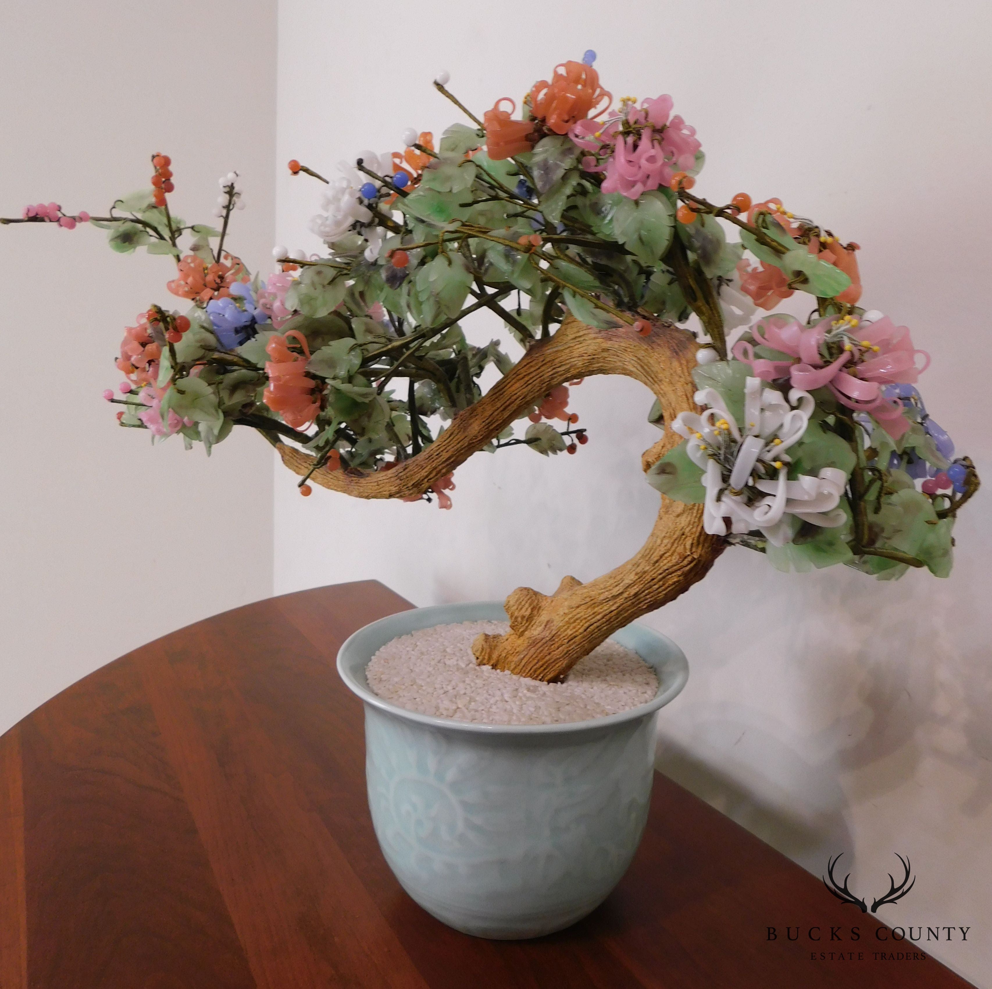 Chinese Glass and Wood Faux Bonsai Tree in White Celadon Pot