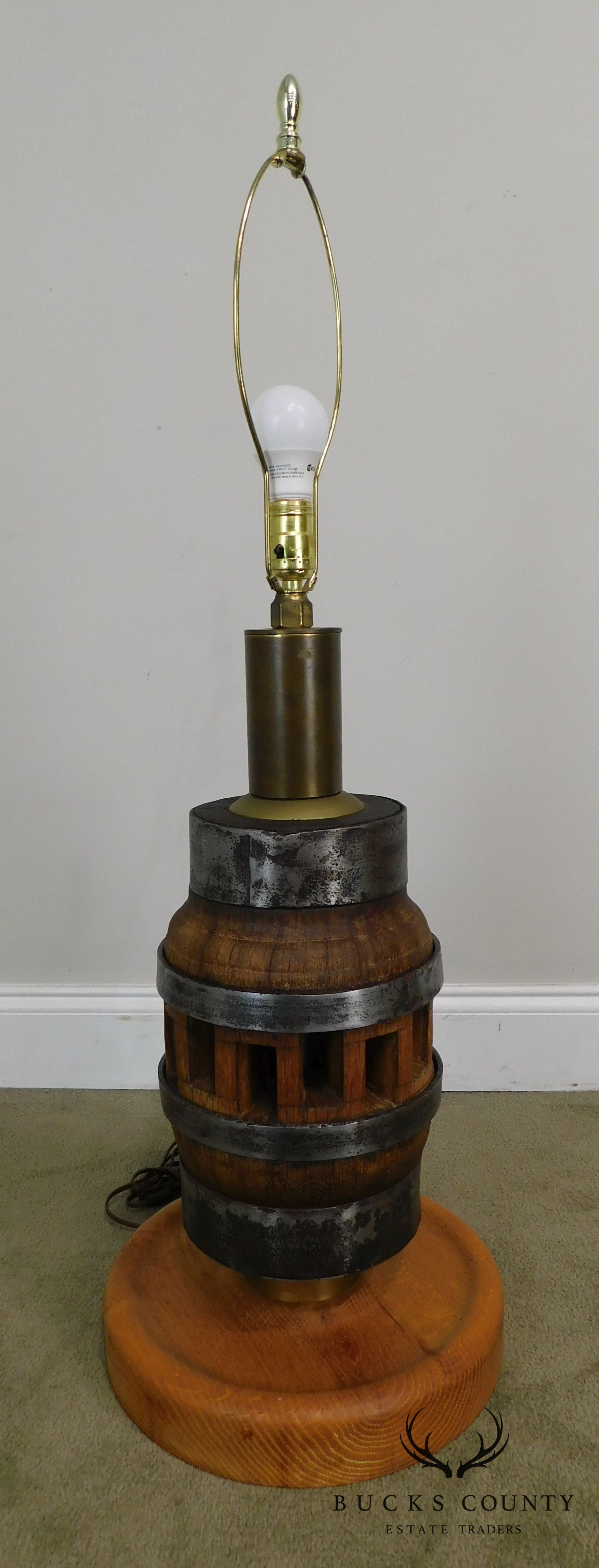 Heavy Wood and Steel Vintage Pair Barrel Table Lamps