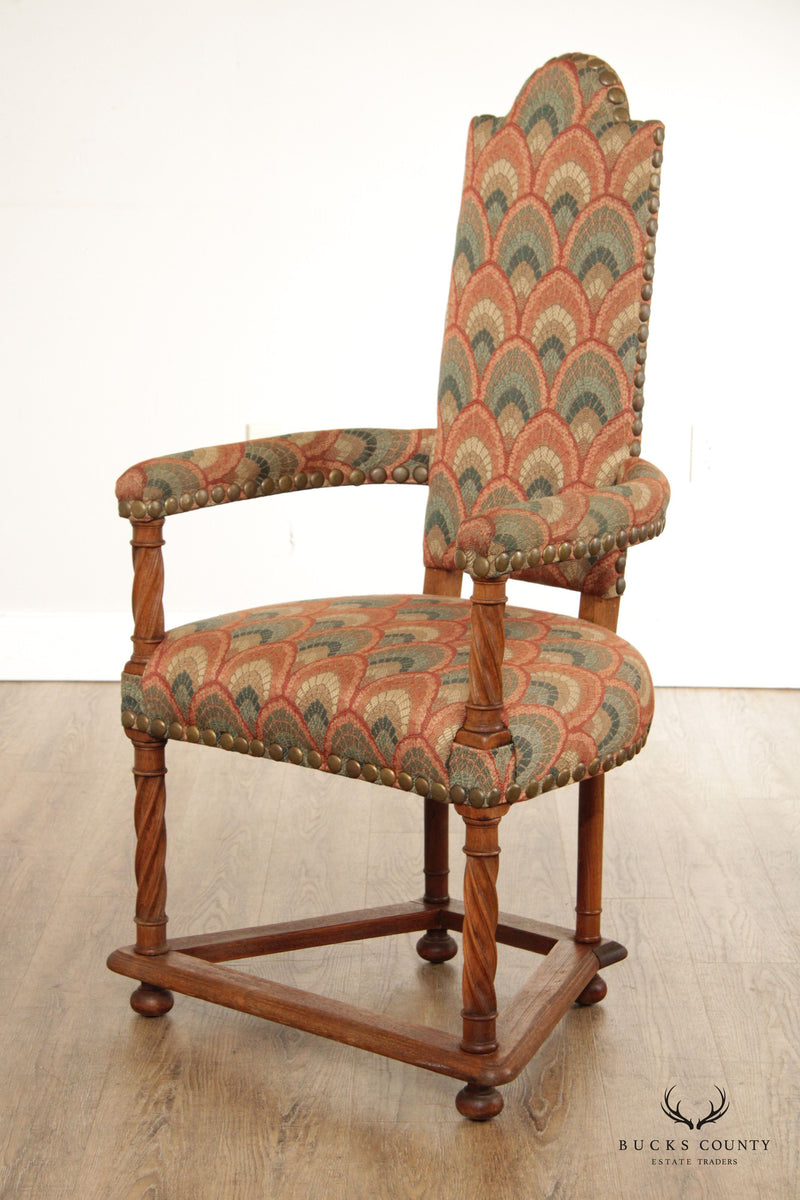 Spanish Revival Style Antique Oak High-Back Arm Chair