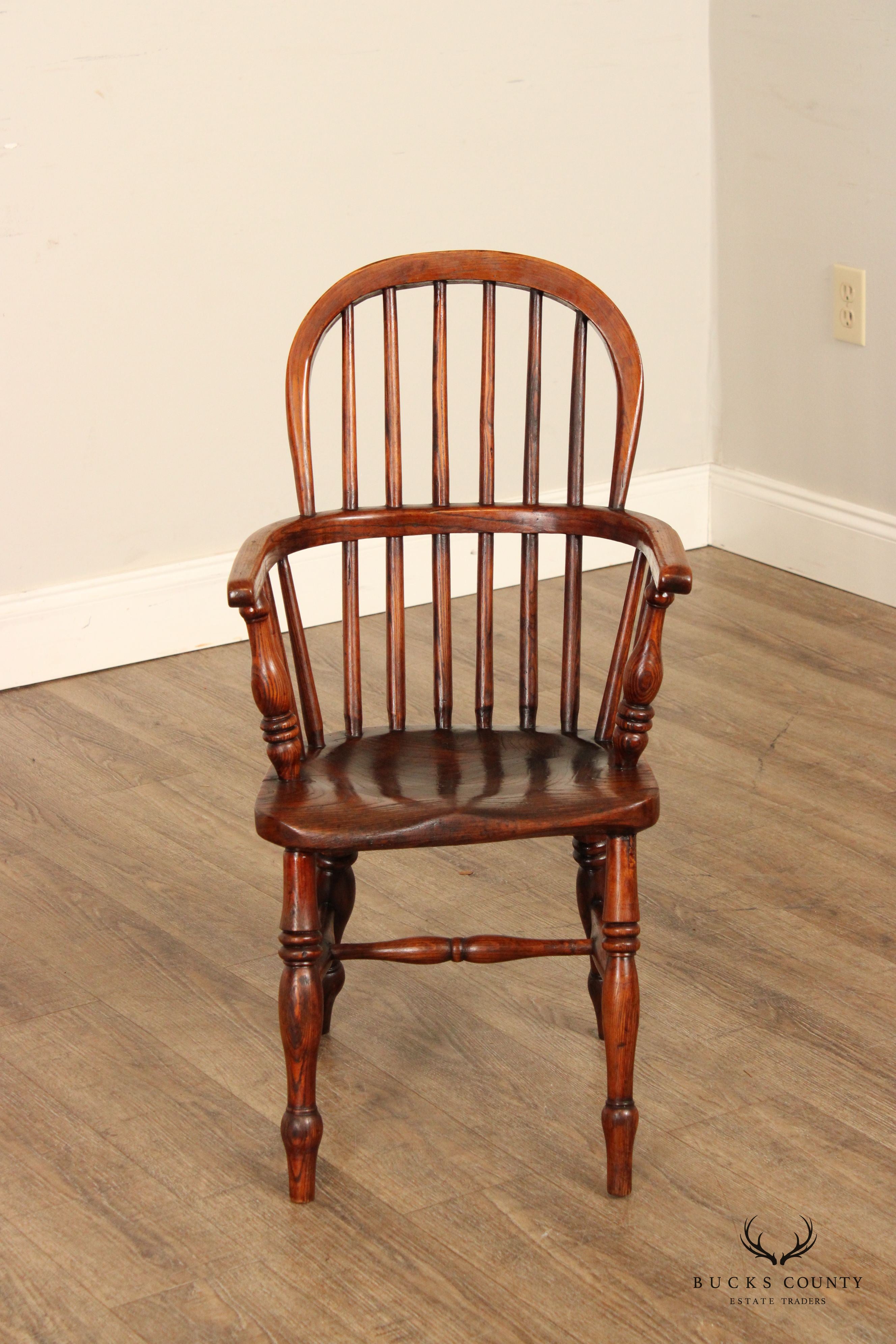 Antique English Elm Windsor Style Children's Armchair