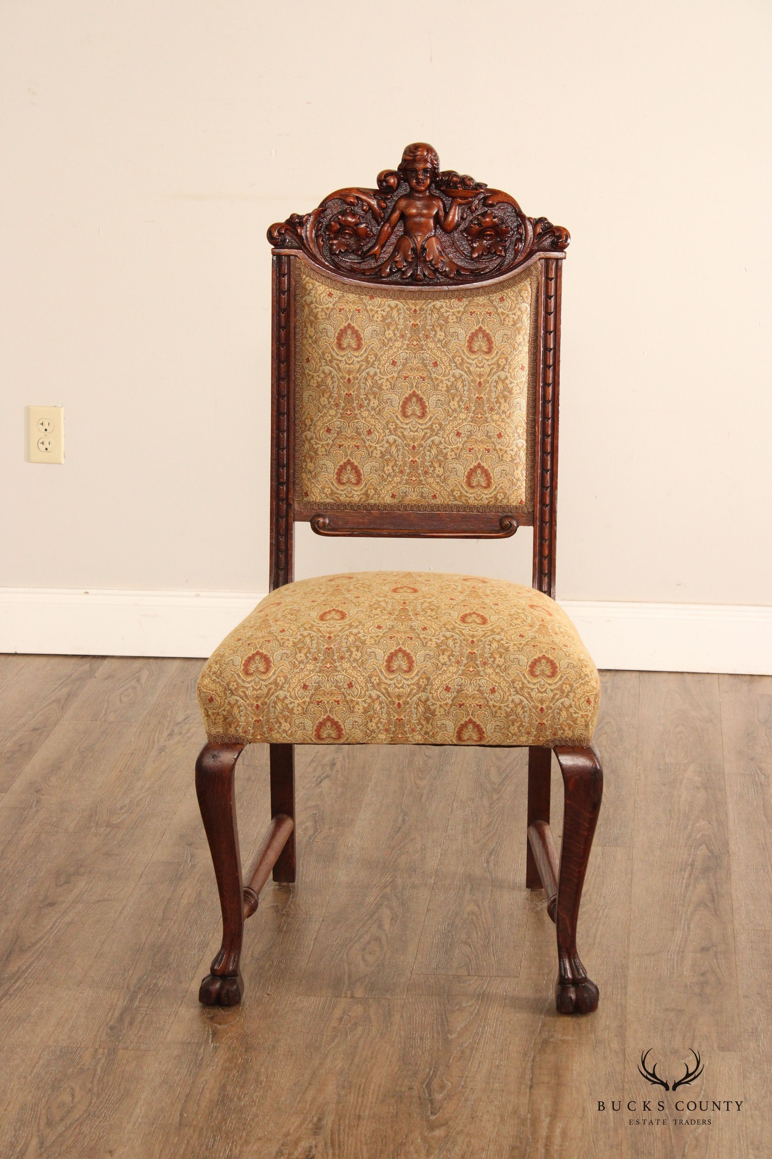 Antique Victorian Renaissance Revival Carved Oak Side Chair