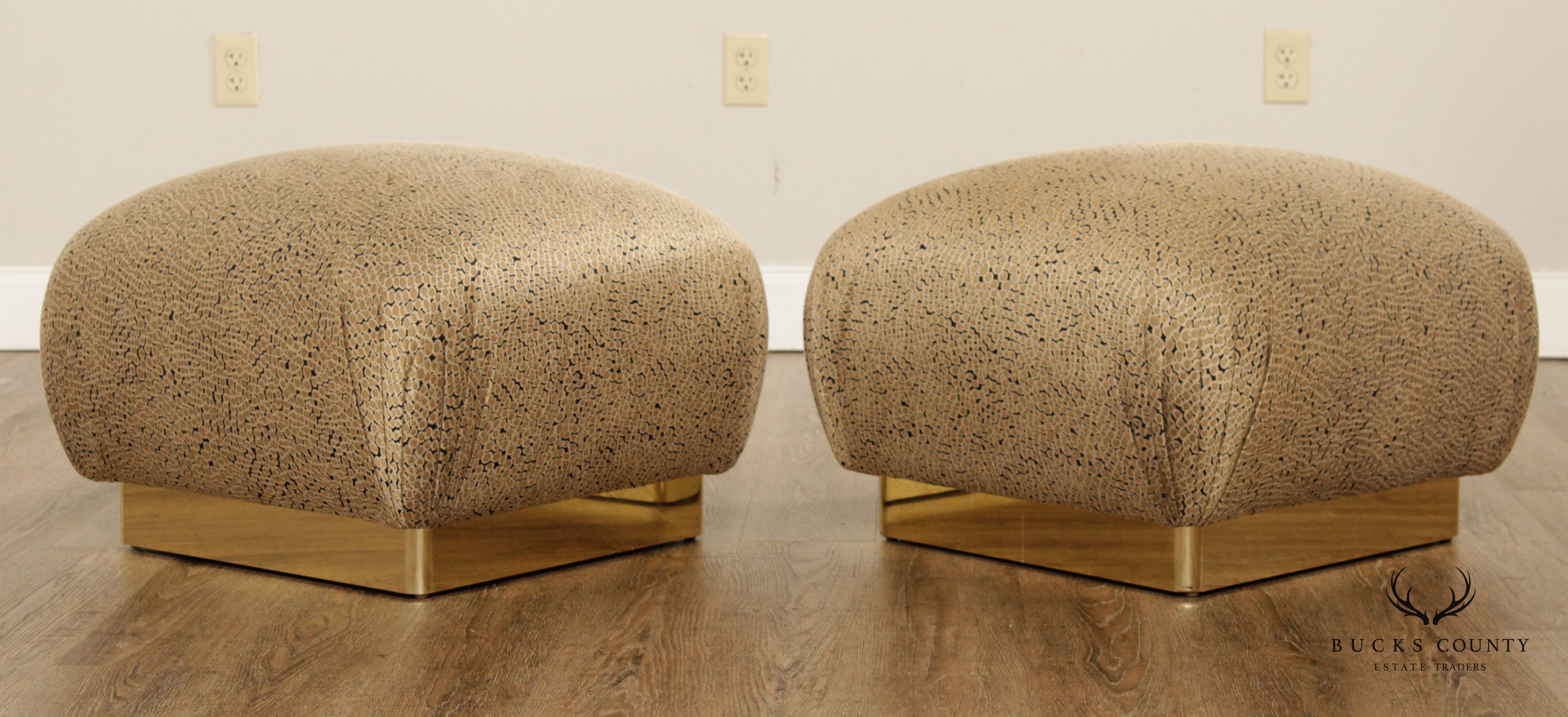 Hollywood Regency Pair Custom Upholstered Brass Ottomans