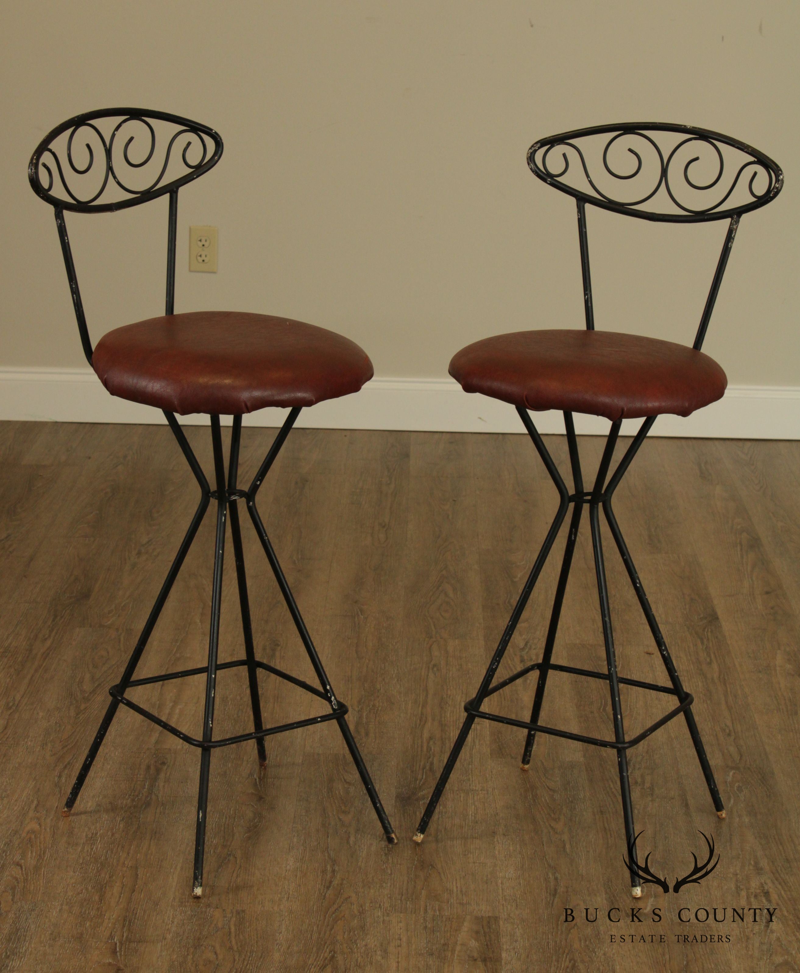 Mid Century Modern Pair Wrought Iron Barstools