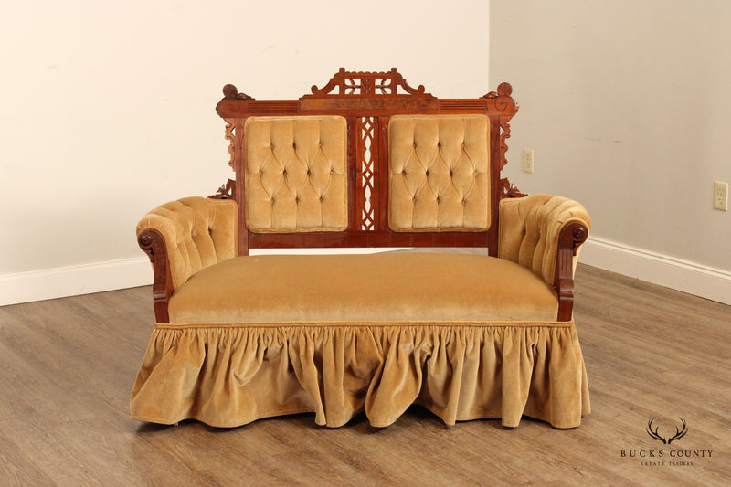 Victorian Eastlake Antique Carved Walnut and Tufted Loveseat Sofa