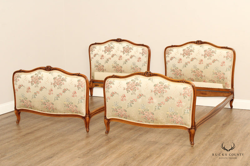 French Louis XV Style Pair Of Carved Frame Upholstered Twin Beds
