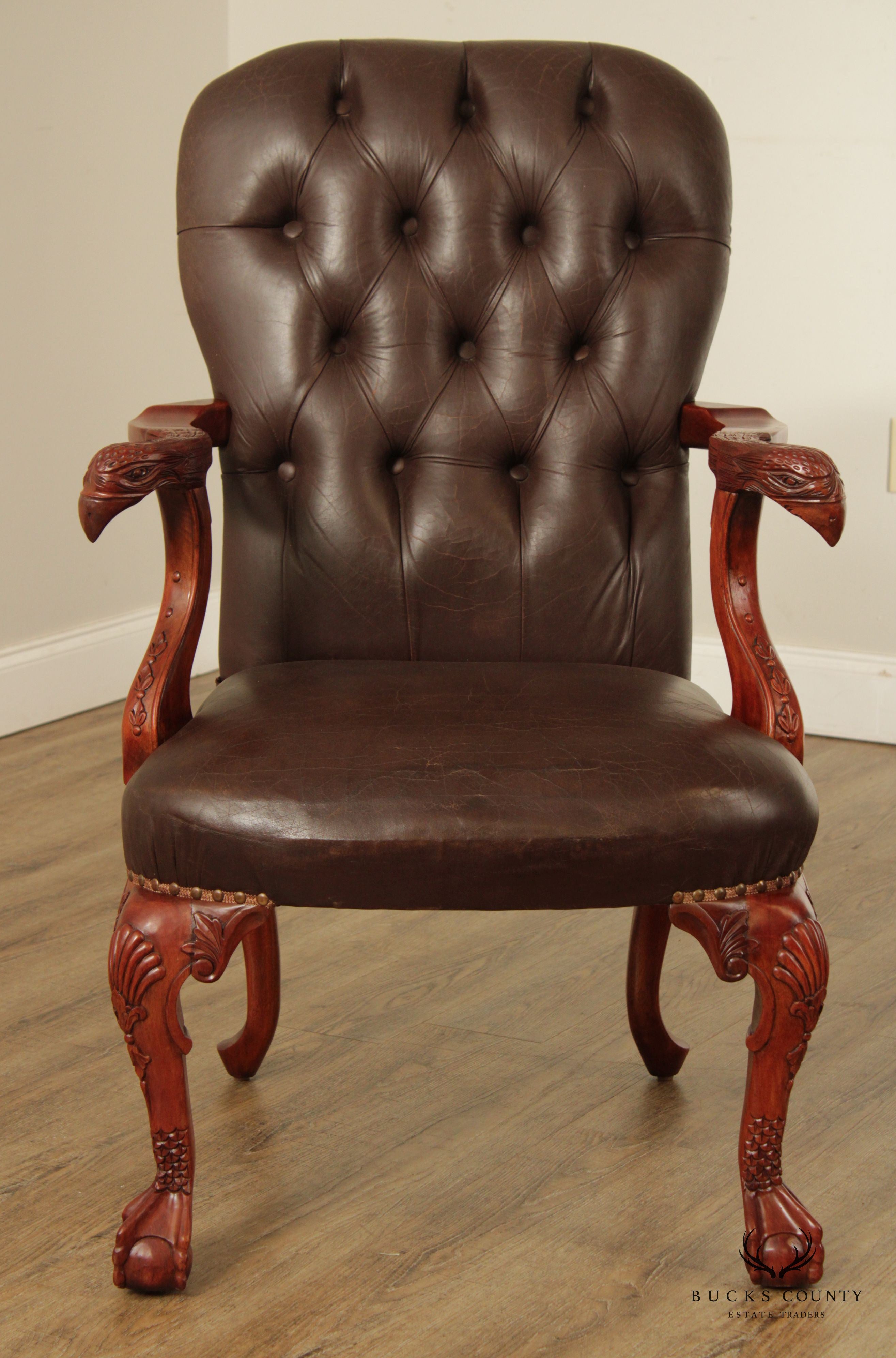 Georgian Chippendale Style Eagle Carved Leather Armchair