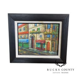 Framed Painting of French Cafe/Bar and Street Signed W. James