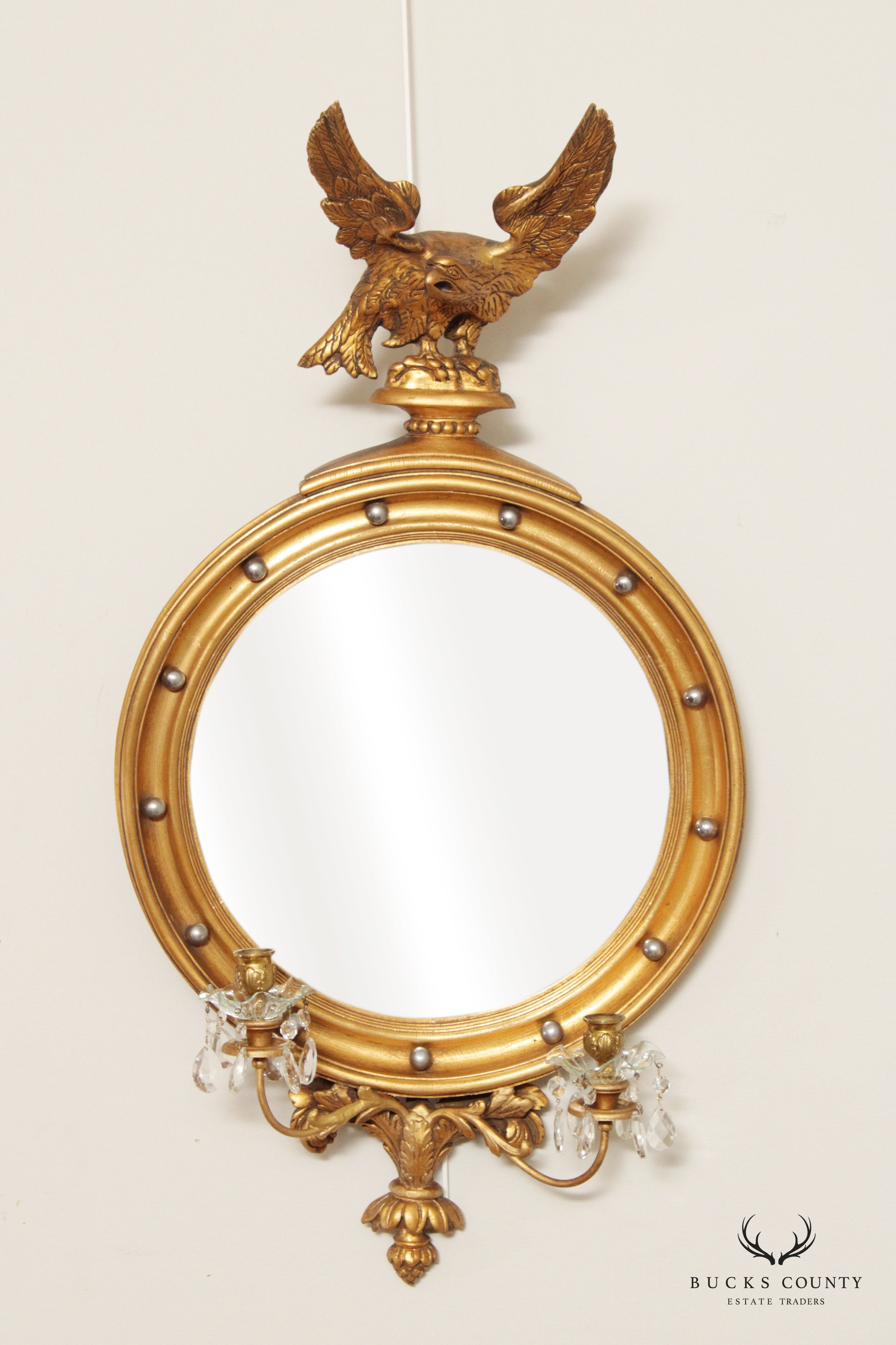 American Federal Style Gilt Eagle Carved Convex Girandole Mirror