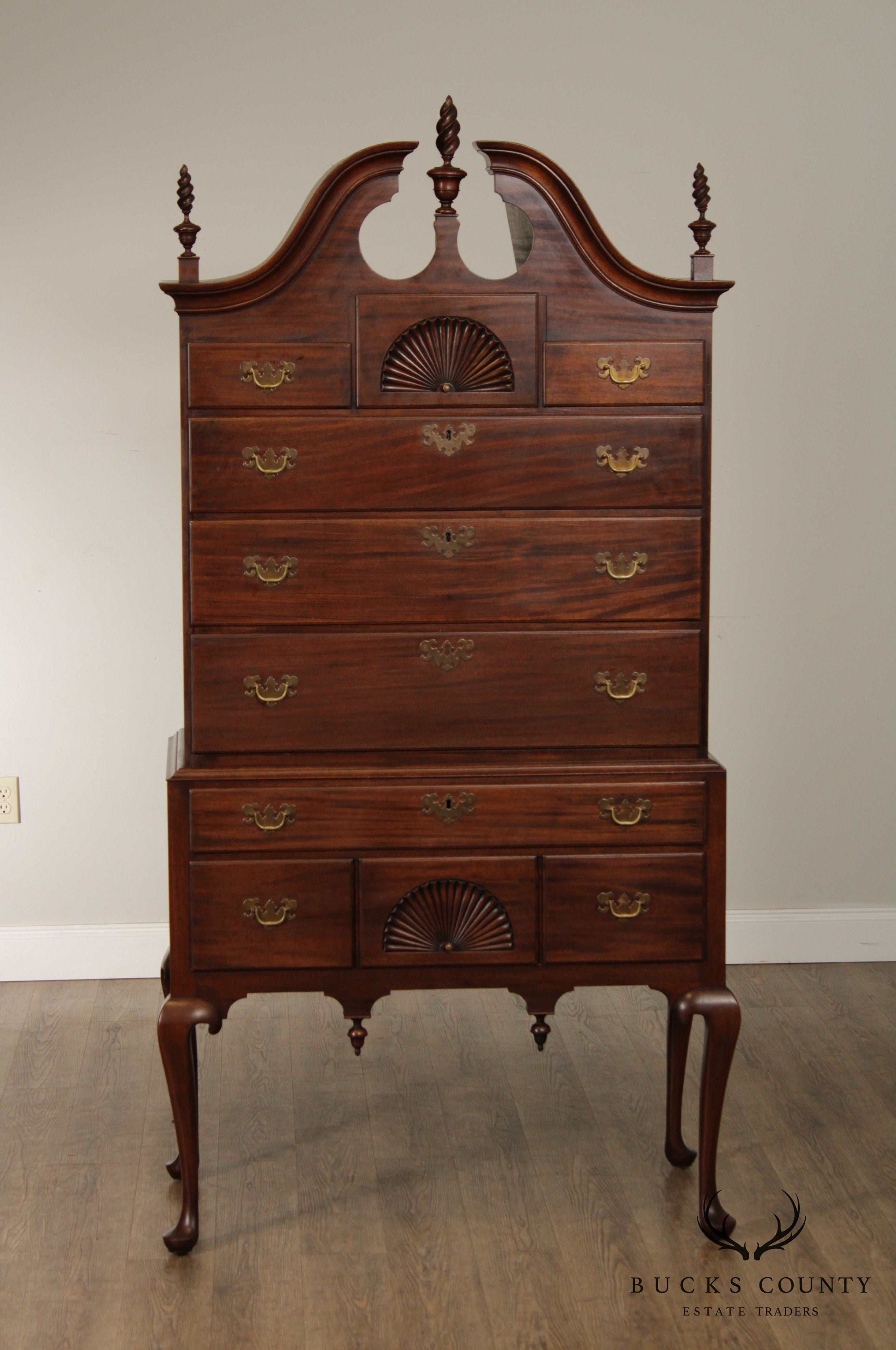 Custom Quality Antique Reproduction Mahogany New England Queen Anne Highboy