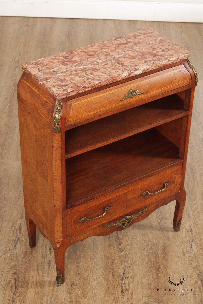 French Louis XV Style Fruitwood Inlaid Marble Top Nightstand