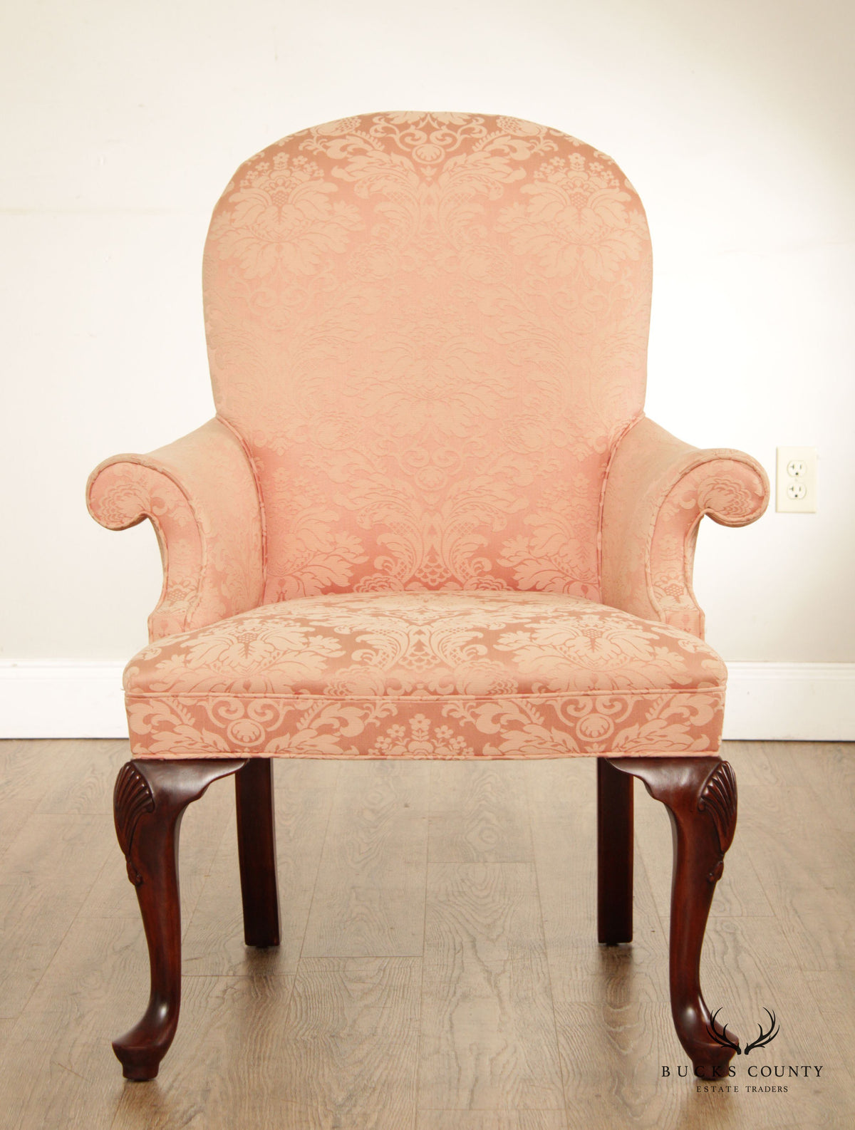 Queen Anne Style Custom Upholstered Carved Mahogany Armchair
