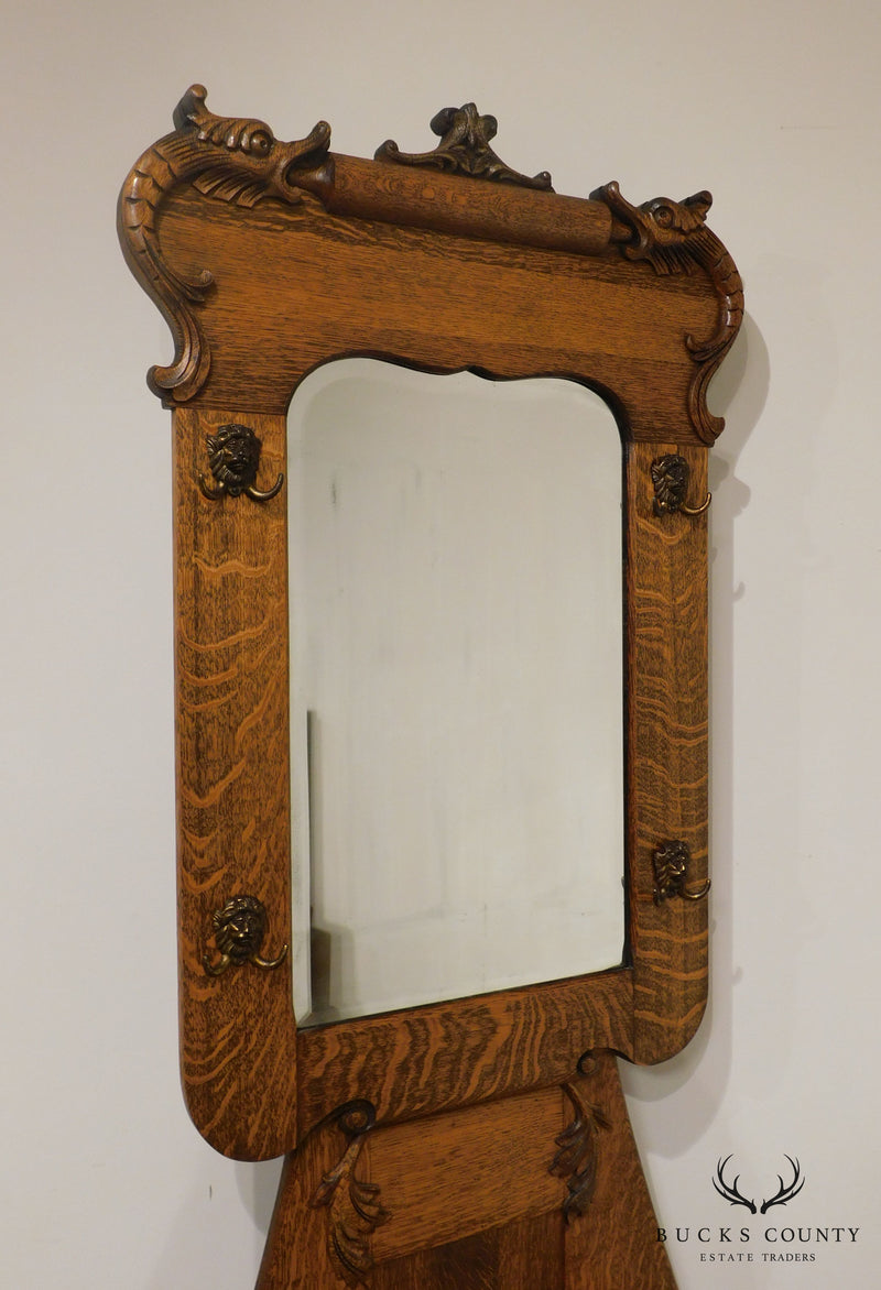 Antique Victorian Oak Mirror Back Hall Seat