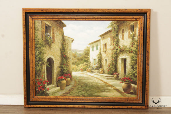 Steven Harvey Rustic European Village Scene Oil on Canvas, Custom Framed