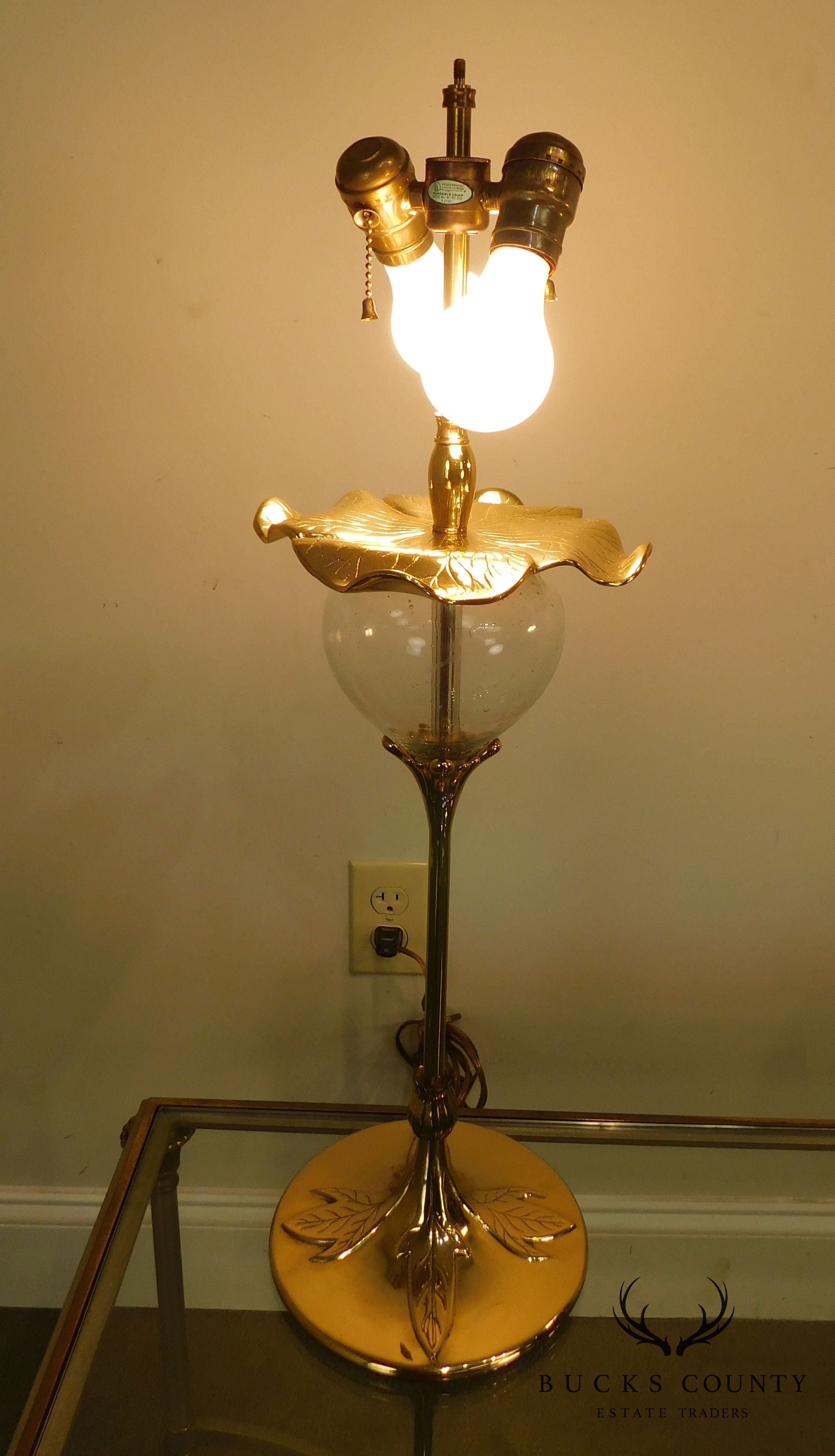 Vintage Pair of Quoizel Brass and Glass Foliate Table Lamps W/Shades