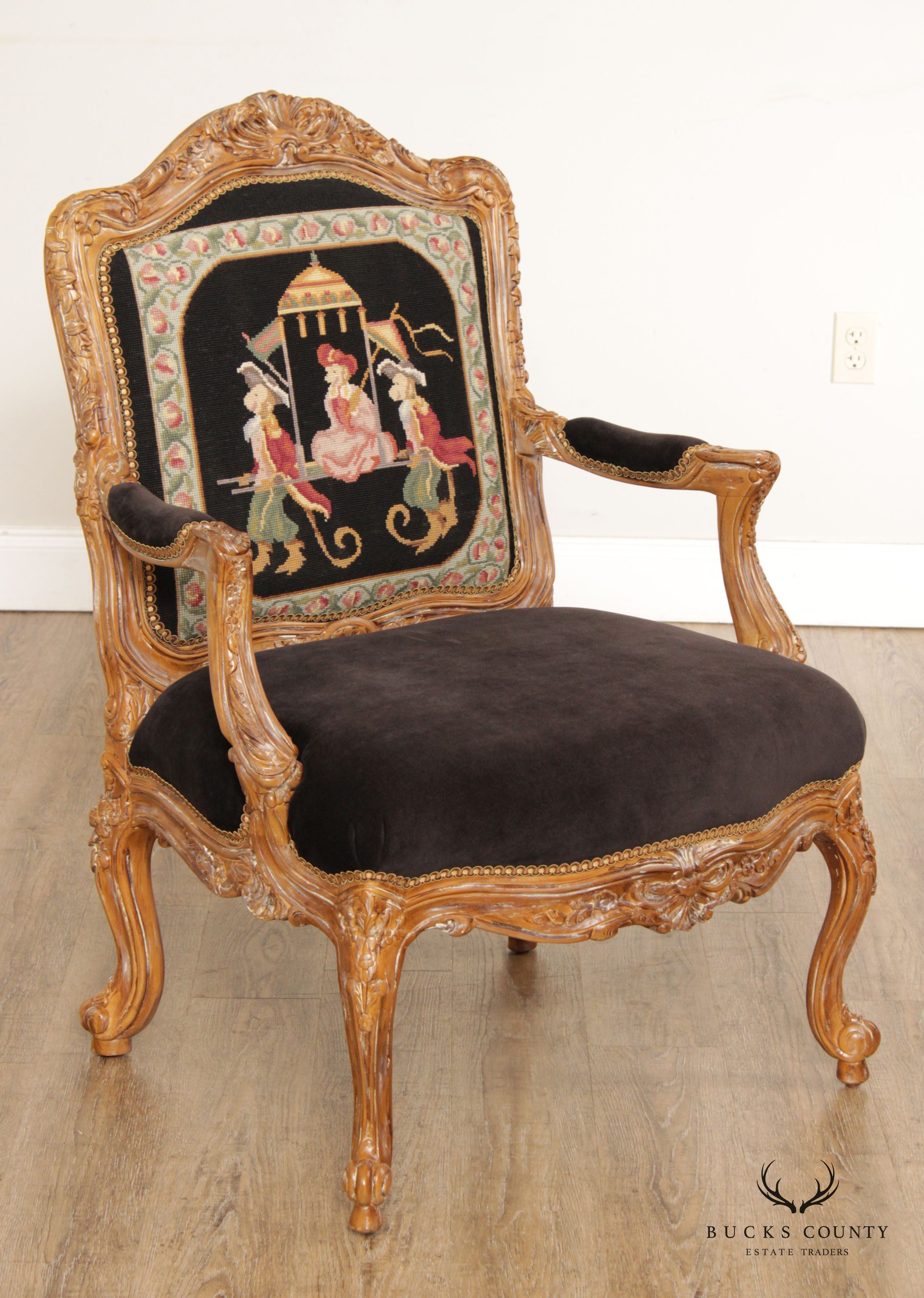 Michael Thomas French Louis XV Style Carved Frame Needlepoint Arm Chair