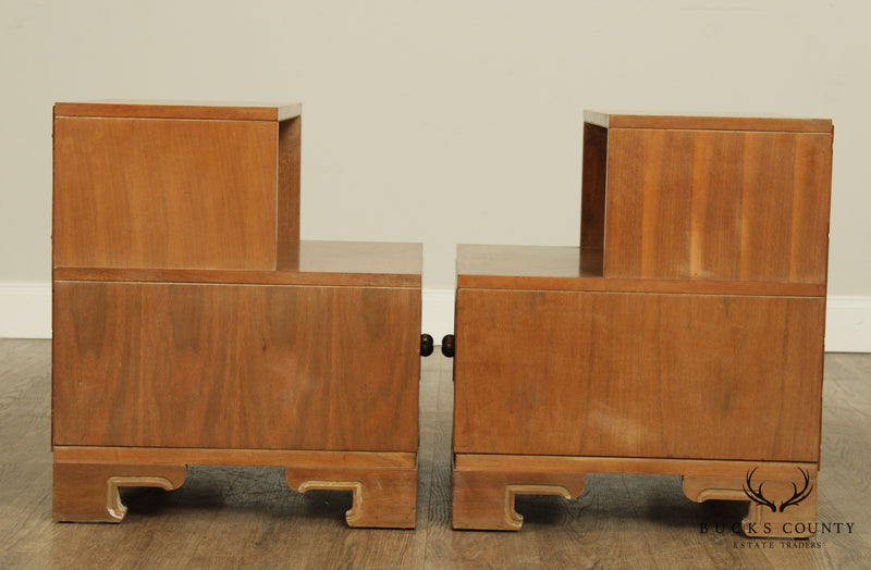 Mid Century Modern James Mont Inspired Pair Walnut Step Nightstands