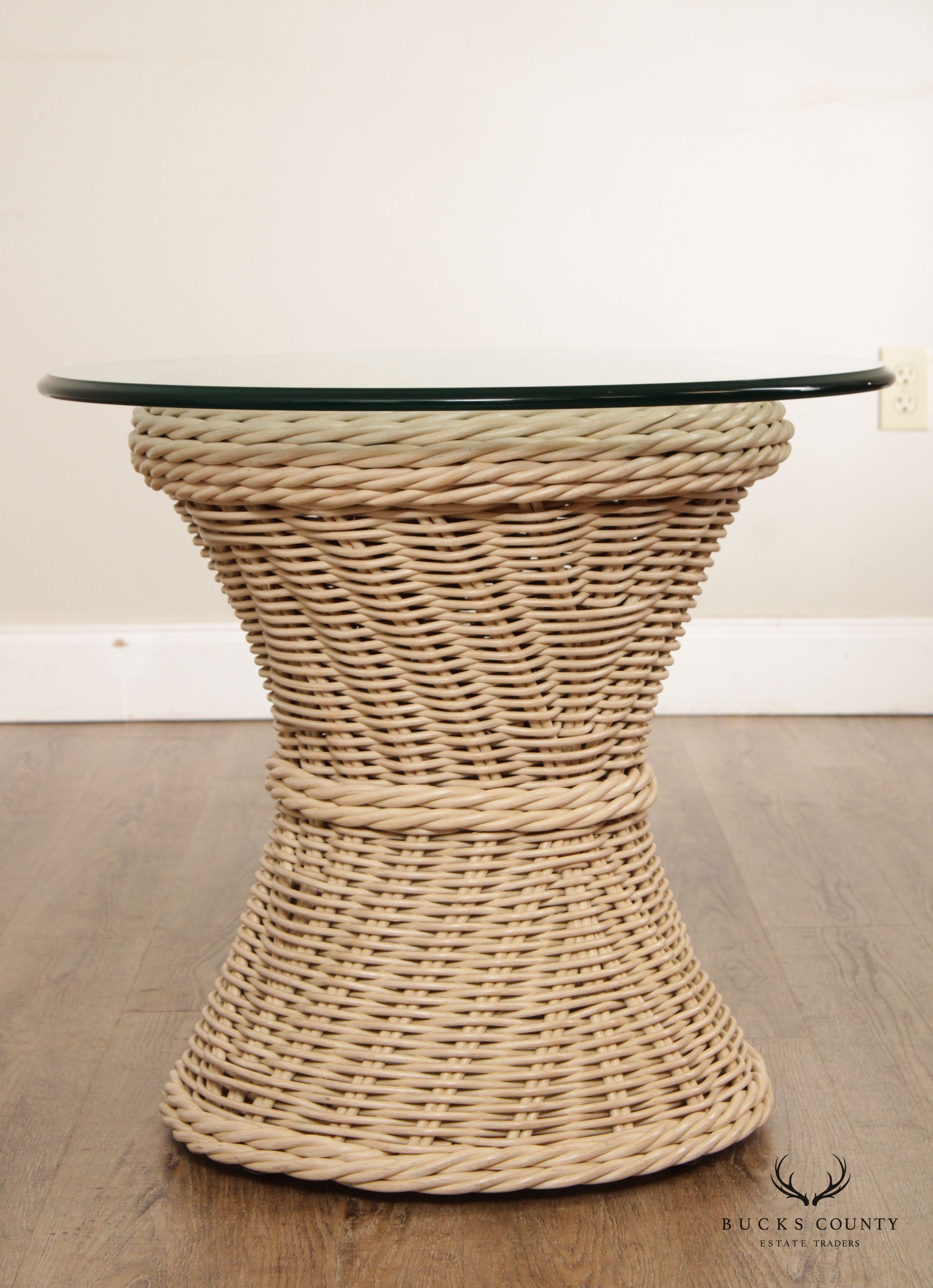 Quality Vintage Round Wicker Rattan Glass Top Side Table (B)