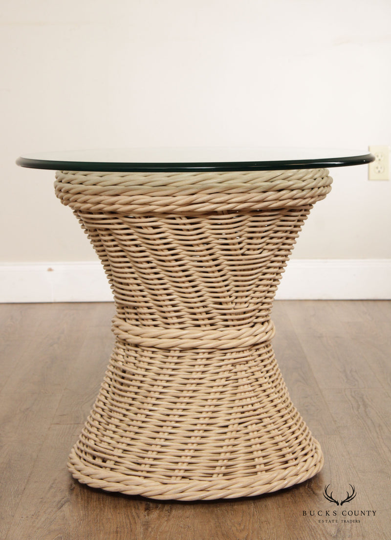 Quality Vintage Round Wicker Rattan Glass Top Side Table (B)