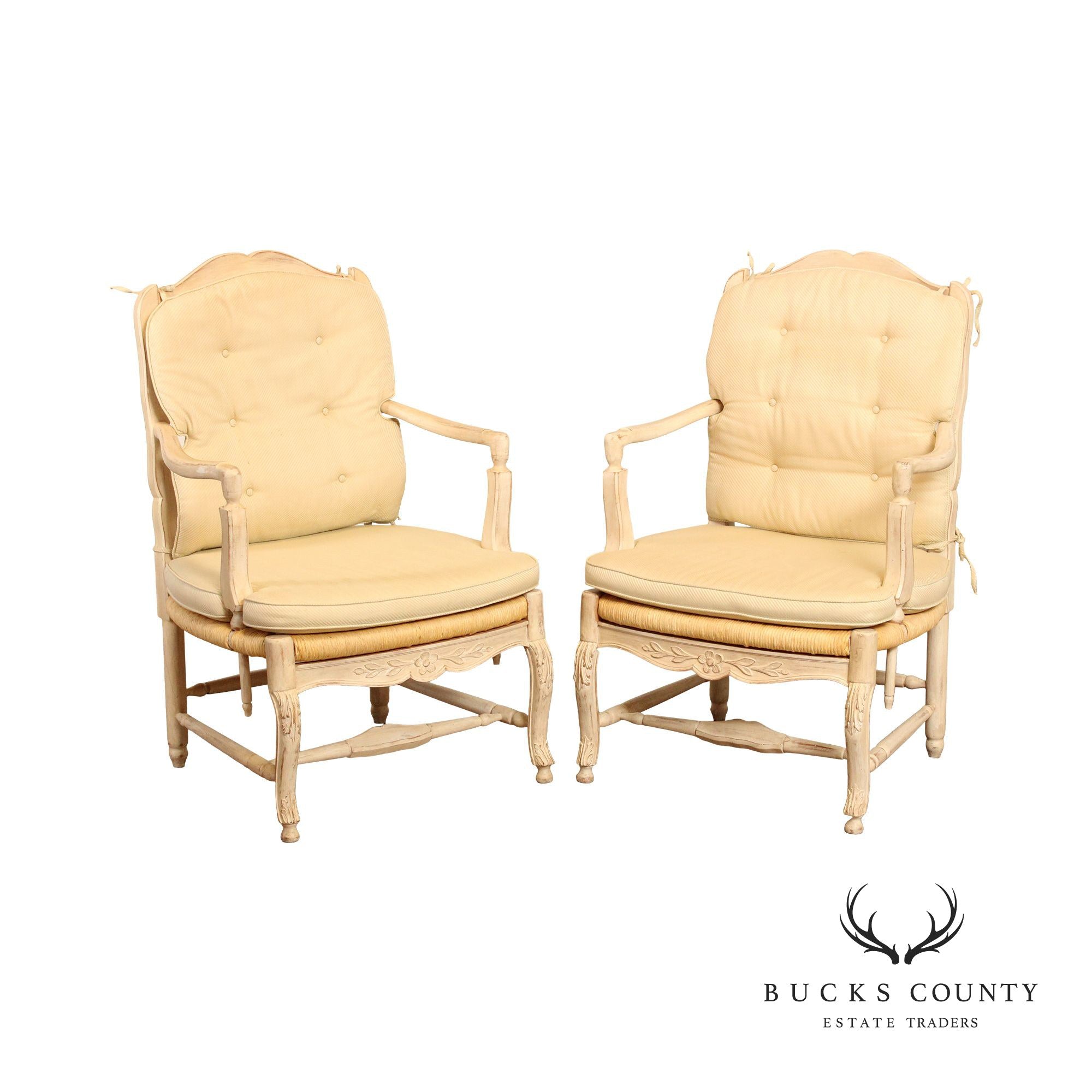 French Country Style Pair of Carved and Painted Armchairs