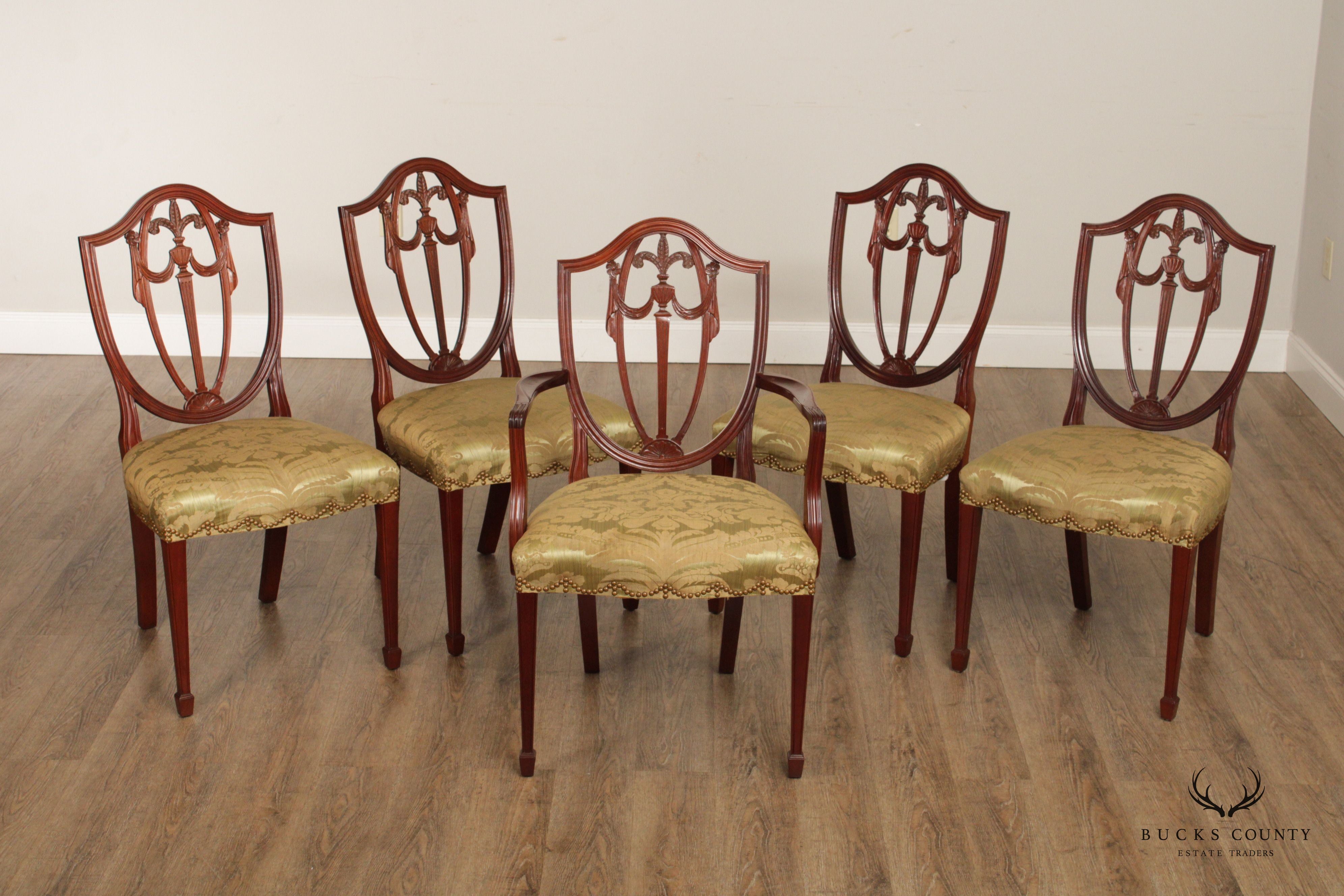 Kindel Hepplewhite Style Set Five Carved Mahogany Shield Back Dining Chairs