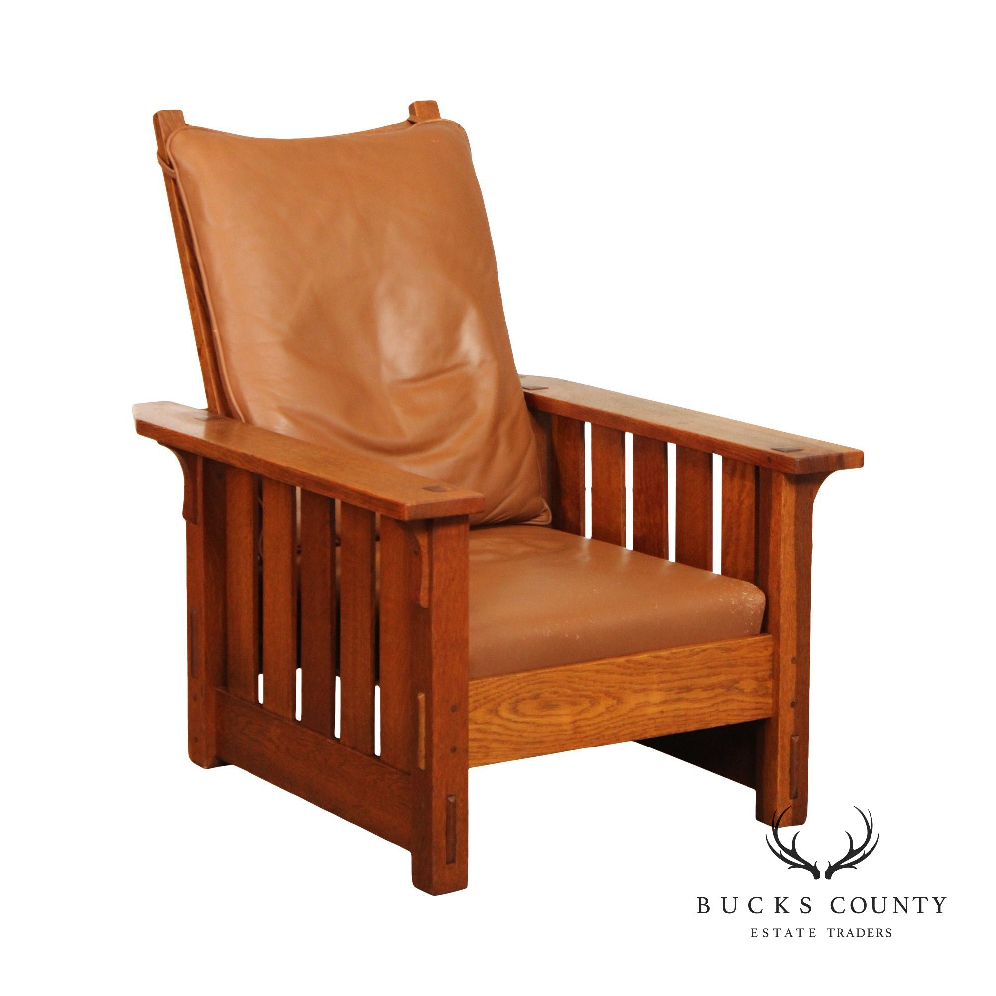 Gustav Stickley Antique Mission Oak and Leather Reclining Morris Chair