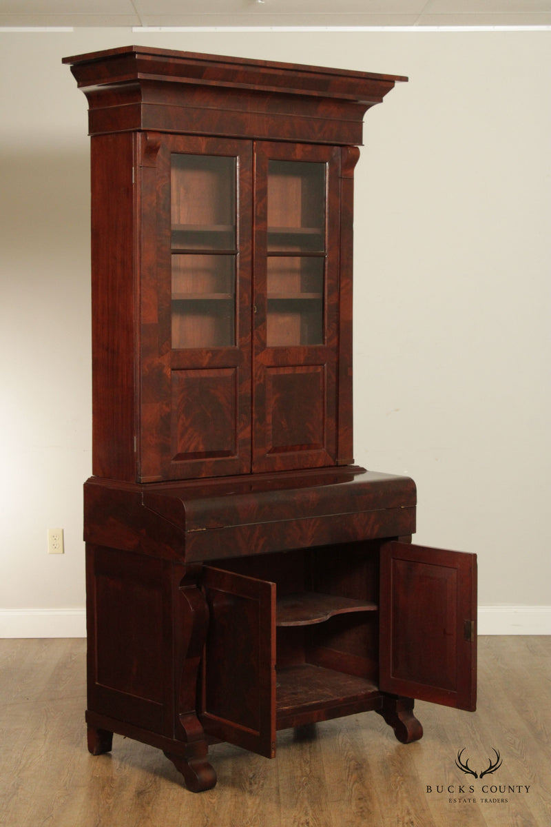 Antique 19th C. American Classical Empire Mahogany Secretary Desk Bookcase