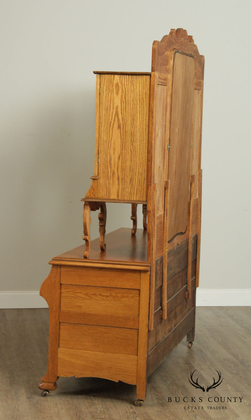 Antique Victorian Oak Unusual Double Dresser, Mirror Back