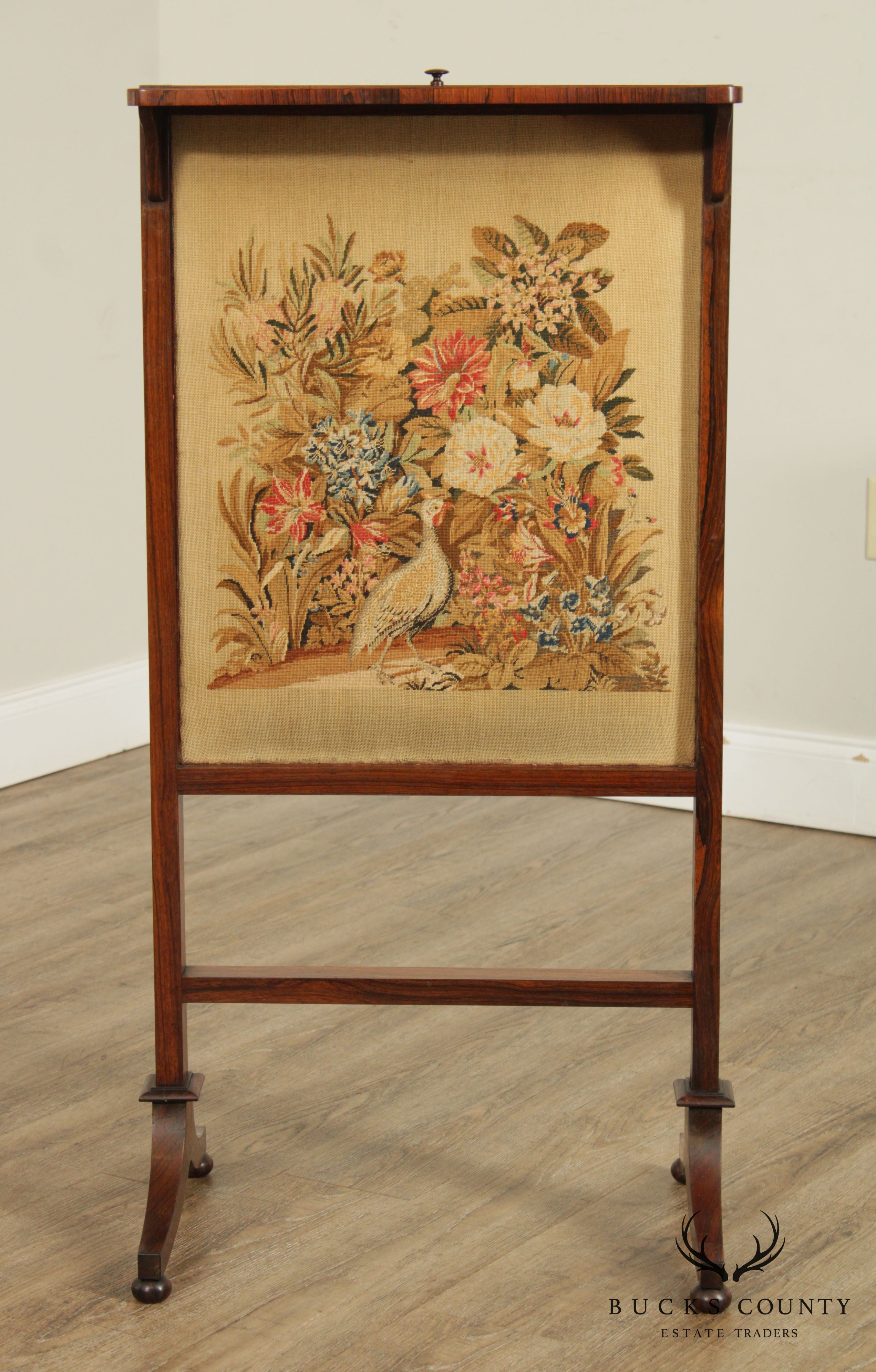 Antique English Regency Rosewood Needlepoint Fire Screen