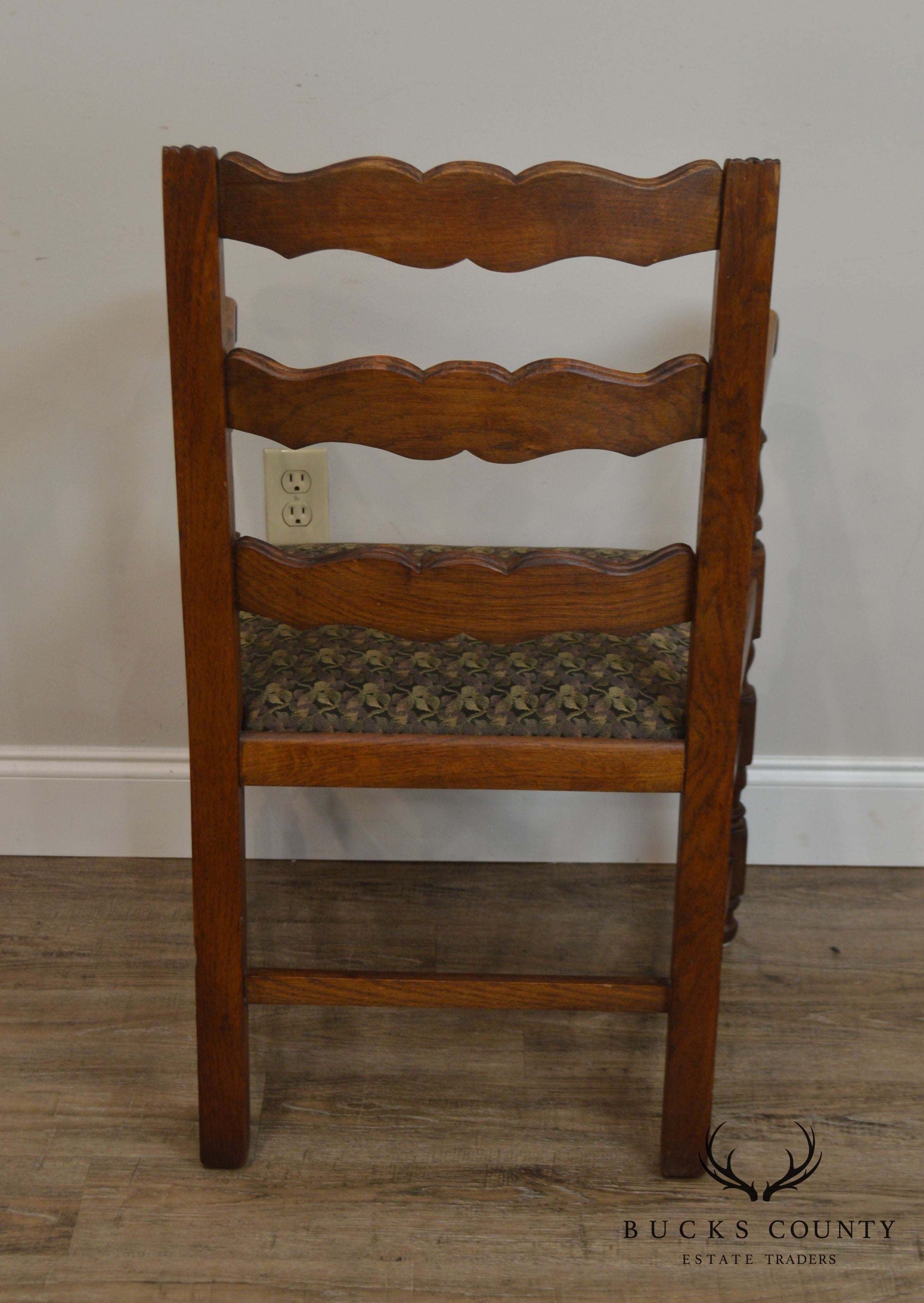 French Country Style Antique Pair Oak Ladder Back Armchairs