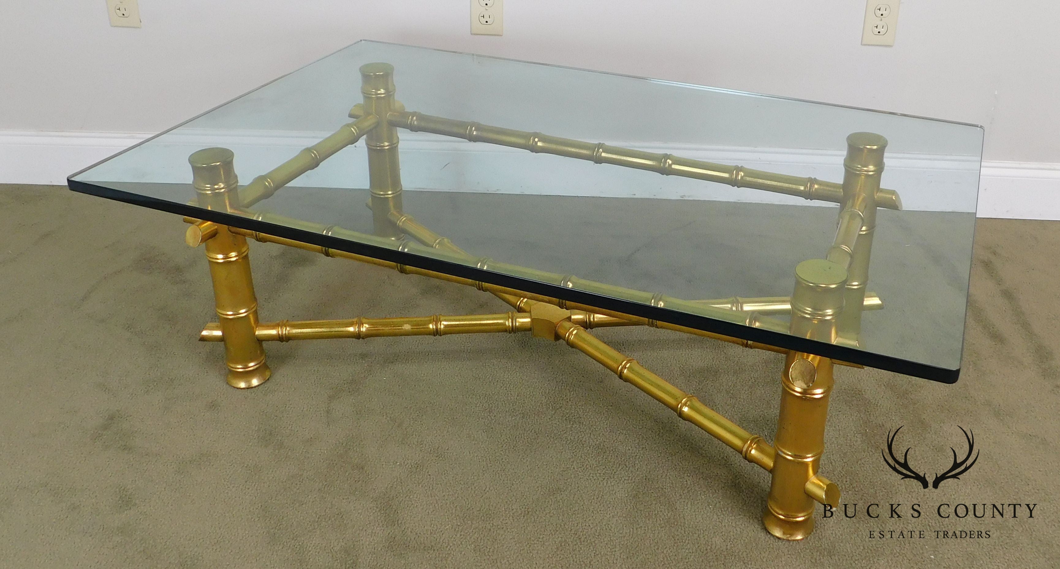 Hollywood Regency Faux Bamboo Gold Gilt Wood Glass Top Coffee Table