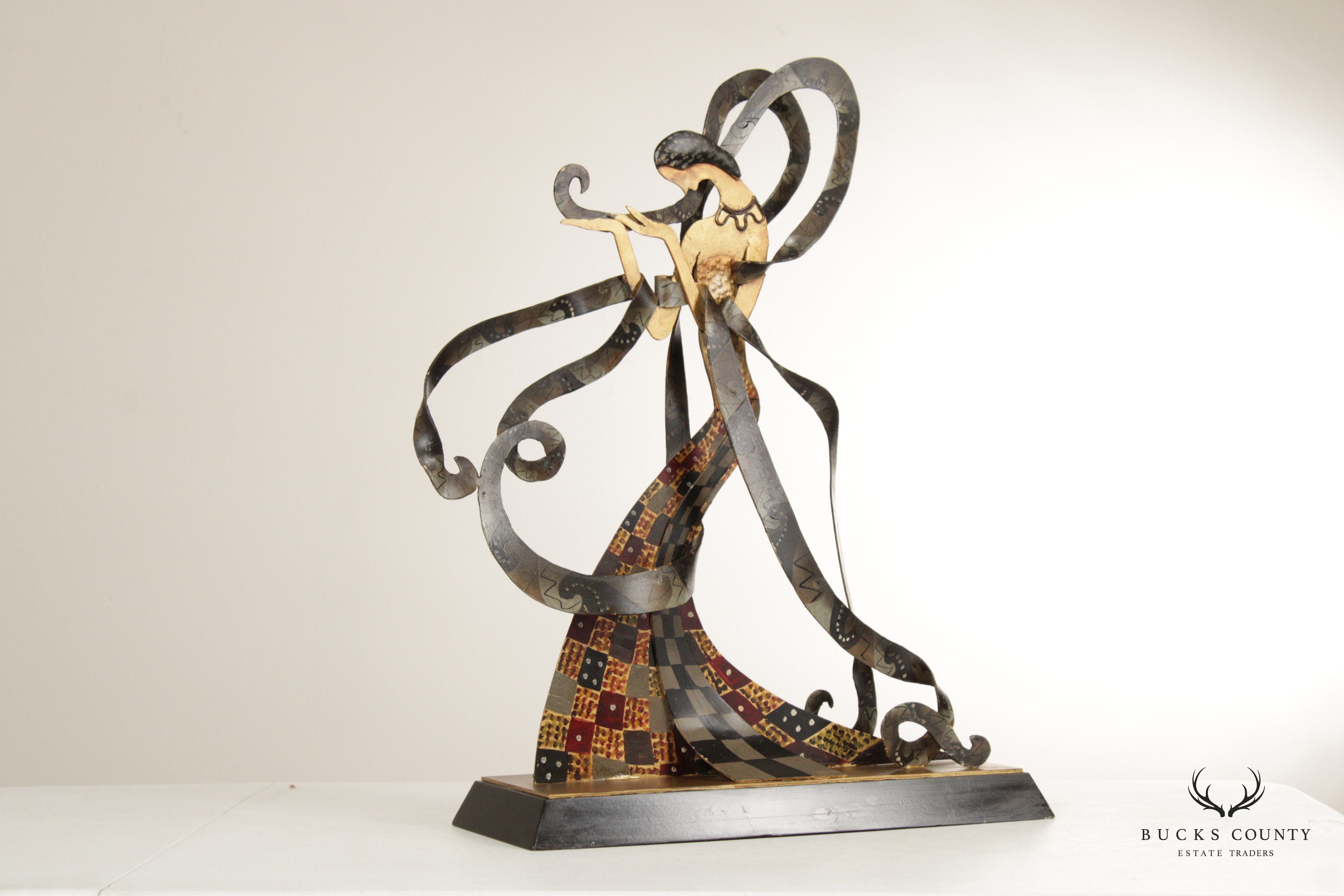 CONTEMPORARY METAL SCULPTURE OF WOMAN WITH RIBBONS