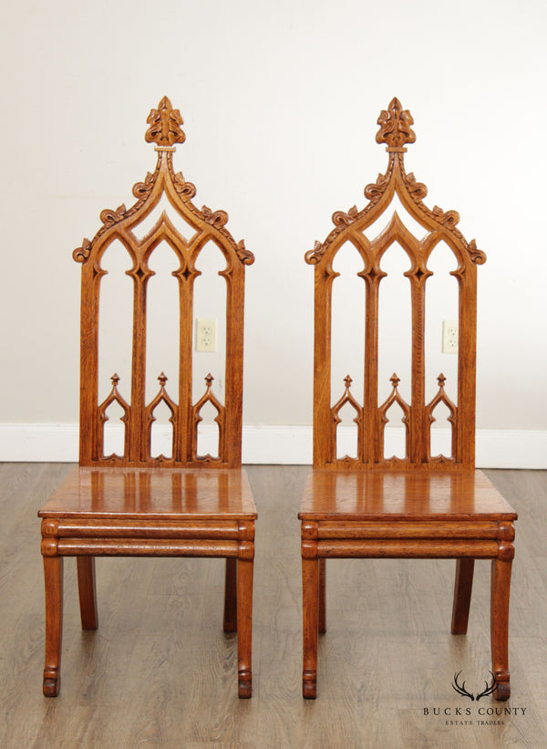 Antique Gothic Revival Pair of Carved Oak Side Chairs