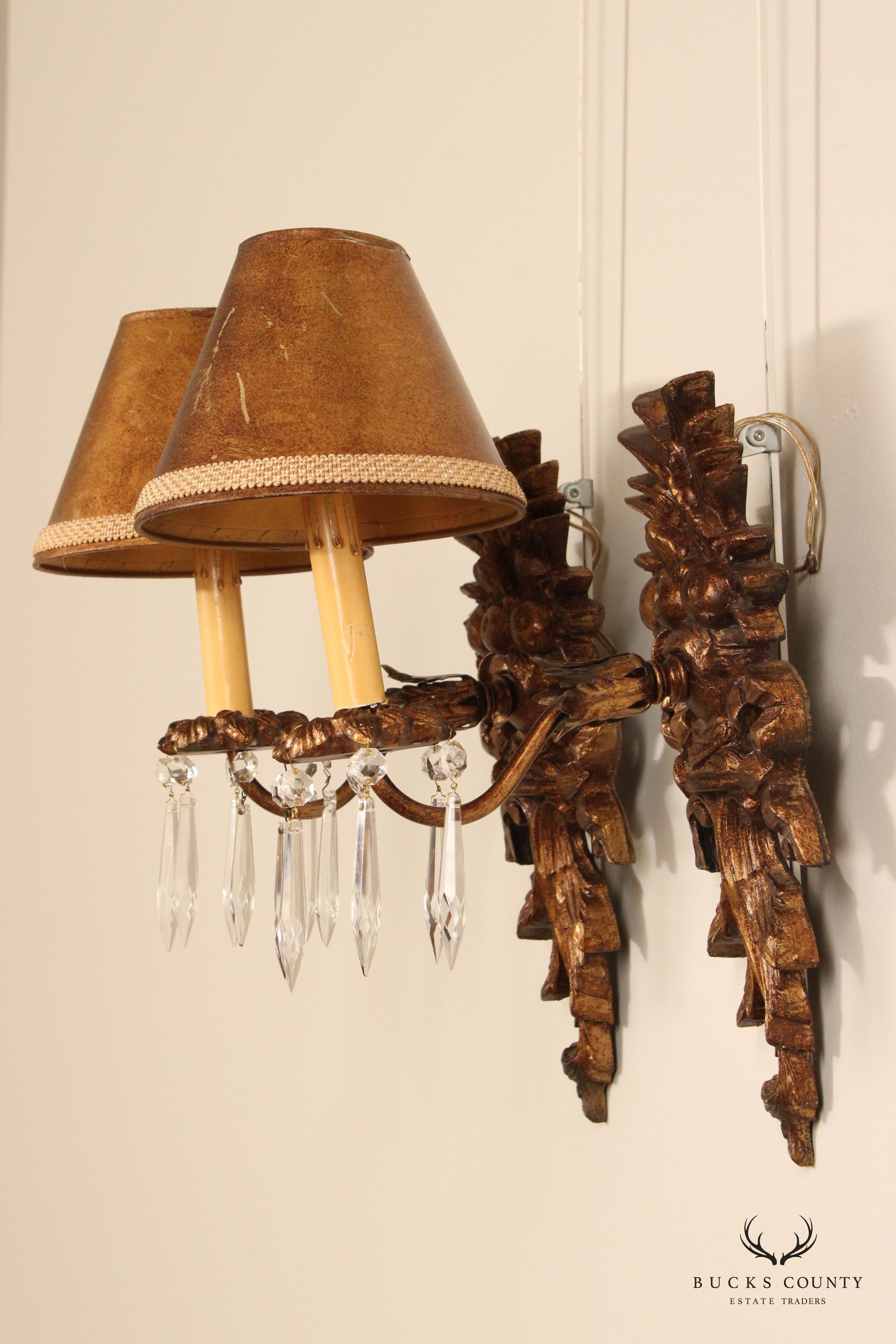 Italian Renaissance Style Pair of Carved Wall Sconces With Prisms