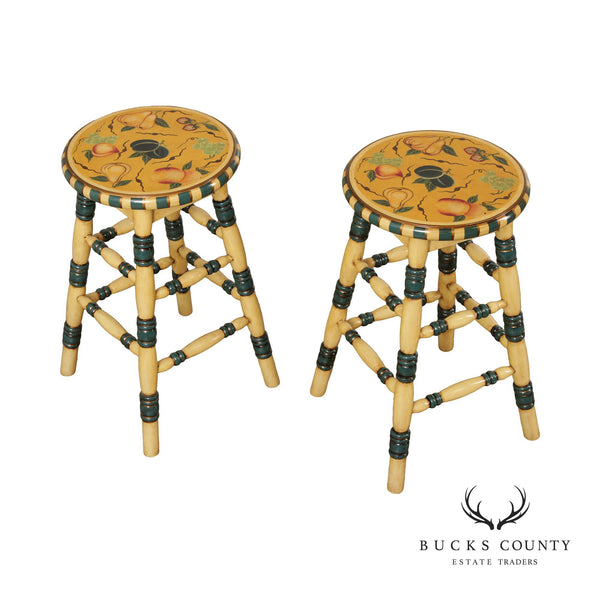Country Style Pair of Hand Painted Wood Counter Stools