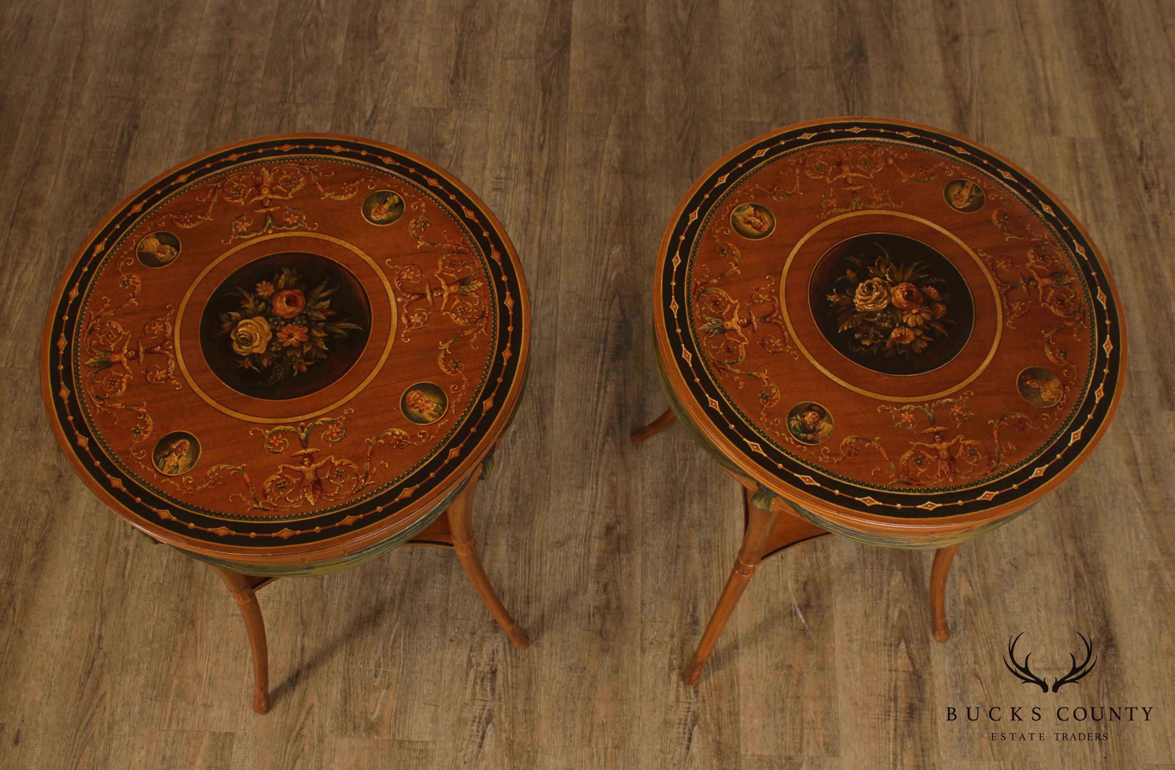 1930's Fine Quality Adams Style Hand Painted Pair Satinwood Side Tables