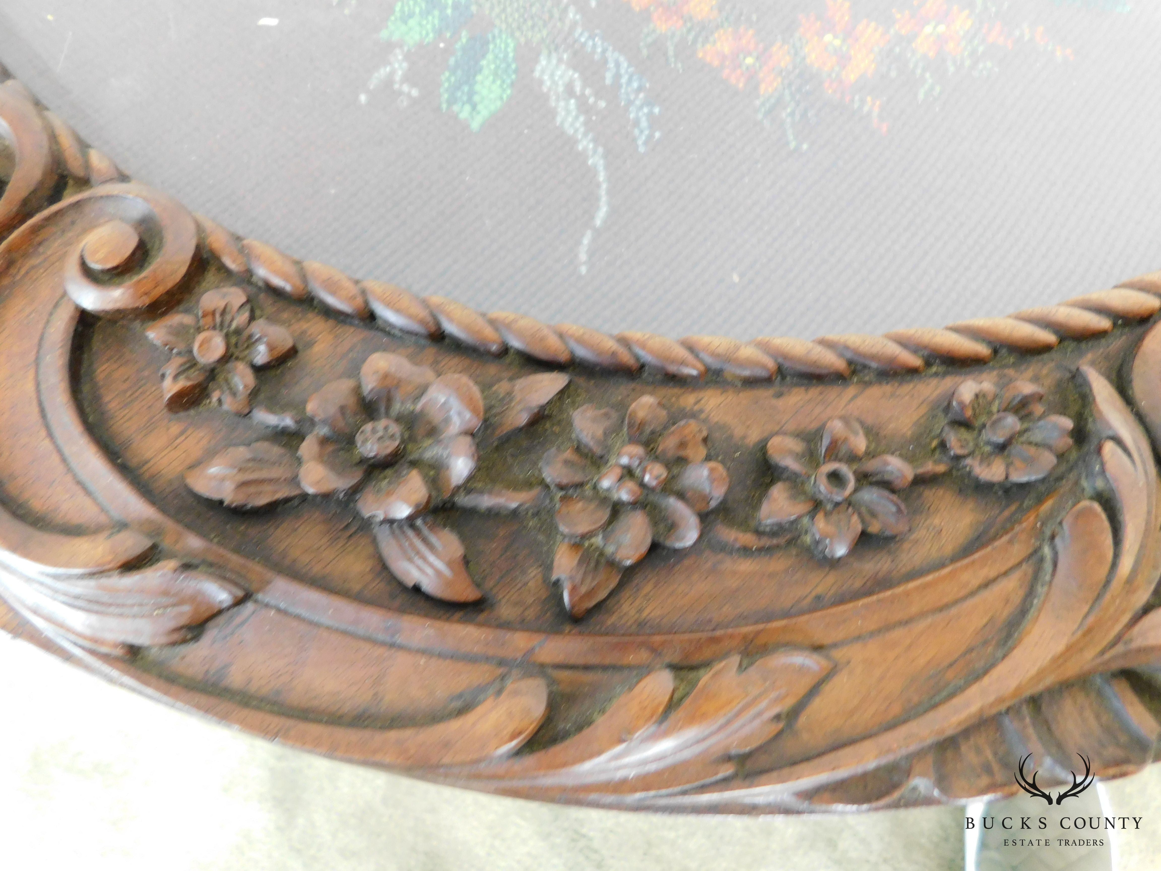 Renaissance Revival Antique Hand Carved Solid Walnut Round Table with Beeded Needlework