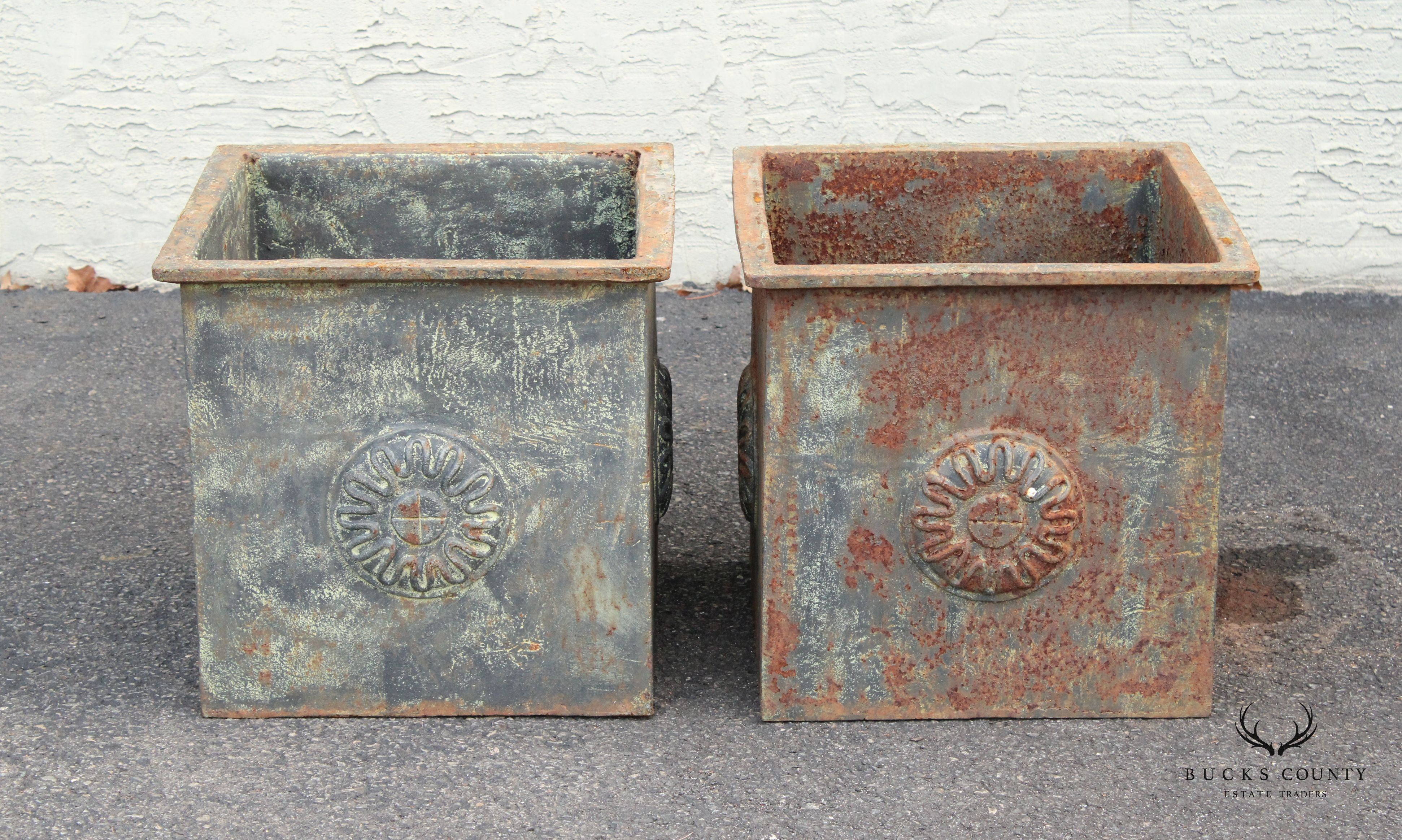 French Industrial Style Pair Of Large Cast Iron Square Garden Planter Box