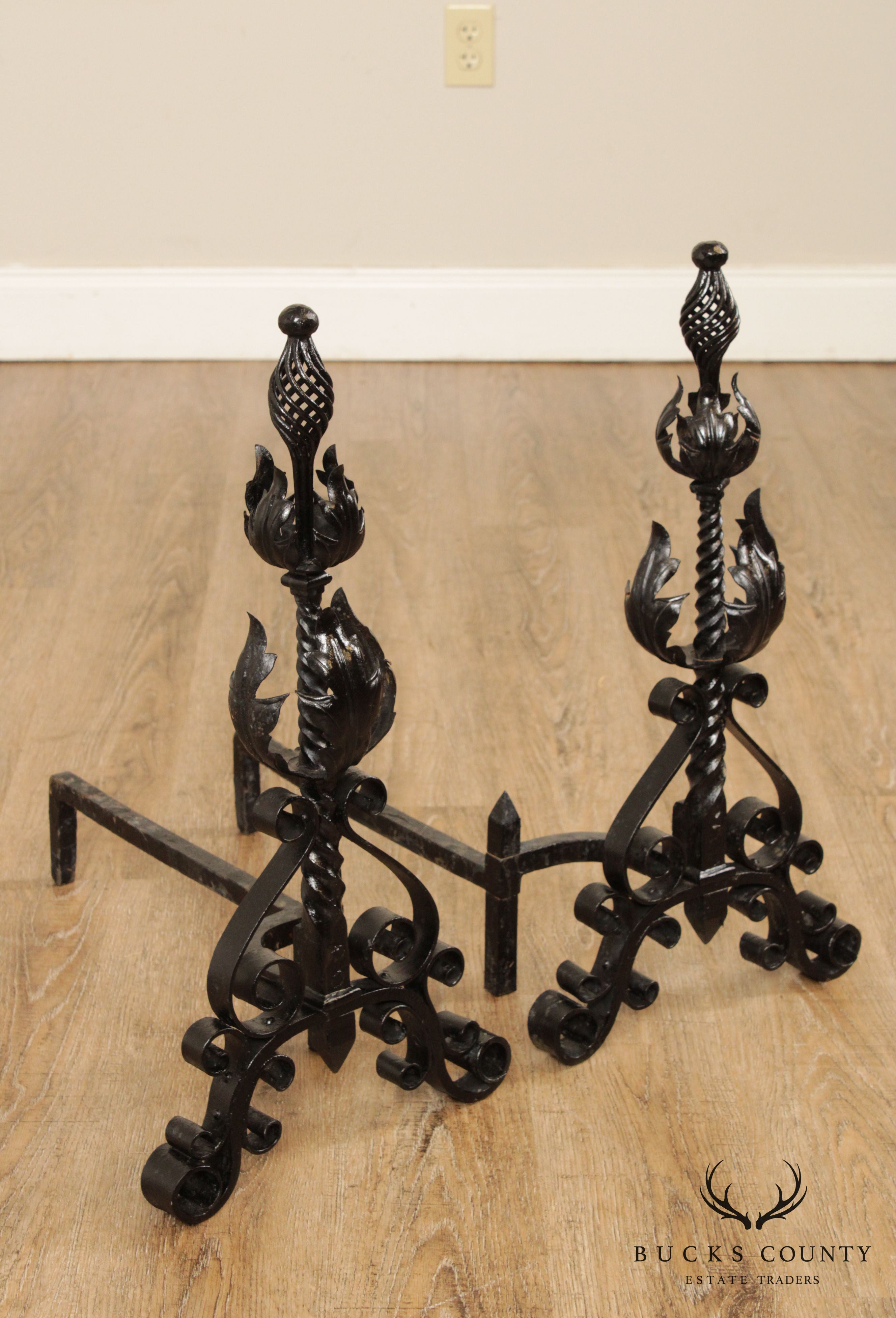 Quality Vintage Pair Wrought Iron Andirons