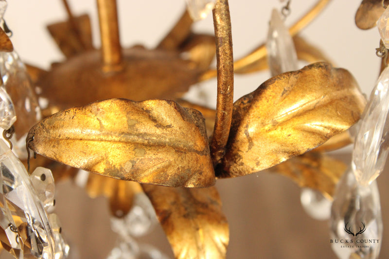 Italian Hollywood Regency Pair Gilt Tole and Crystal 4-Light Chandeliers