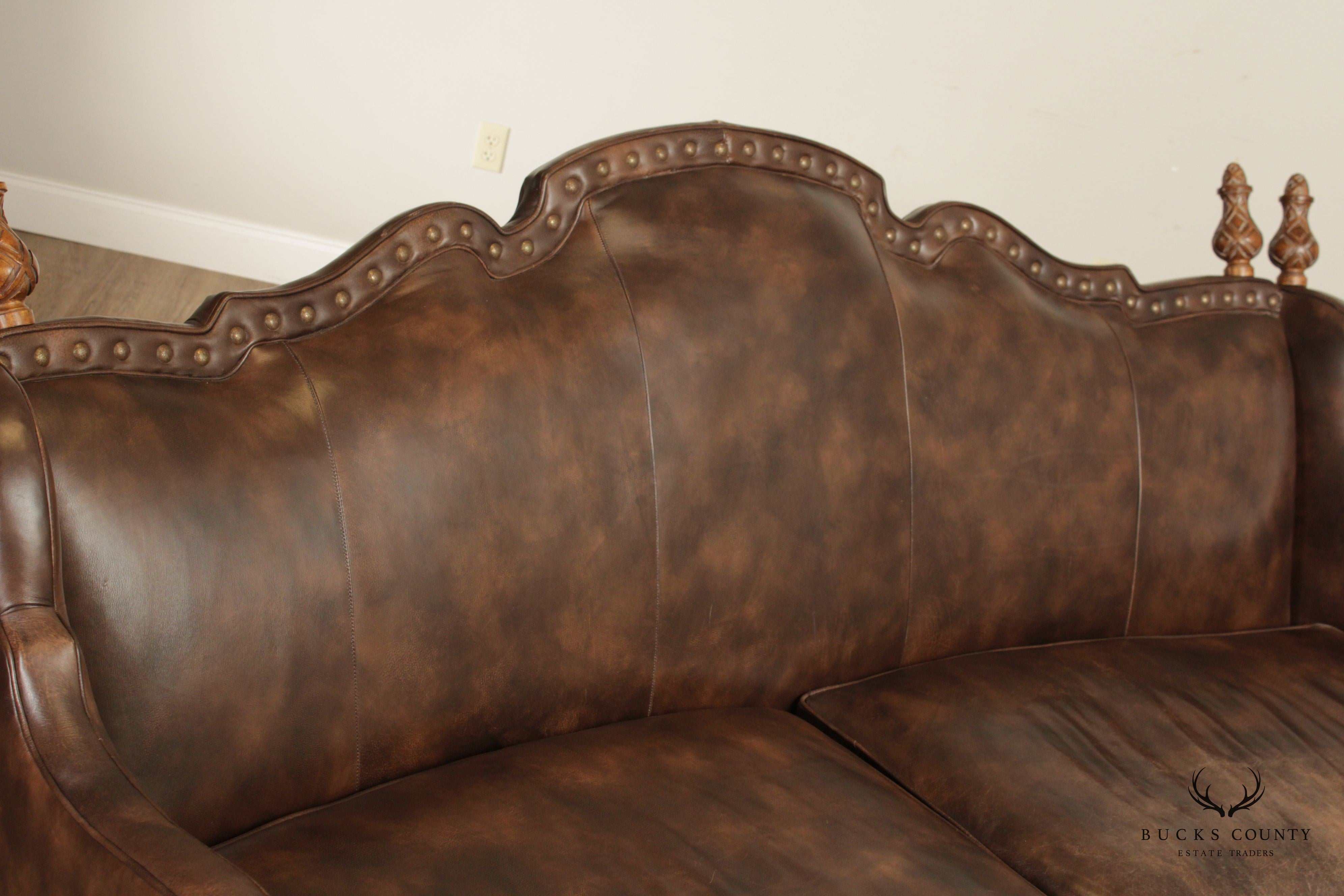 Century Furniture Spanish Revival Style Brown Leather Upholstered Sofa