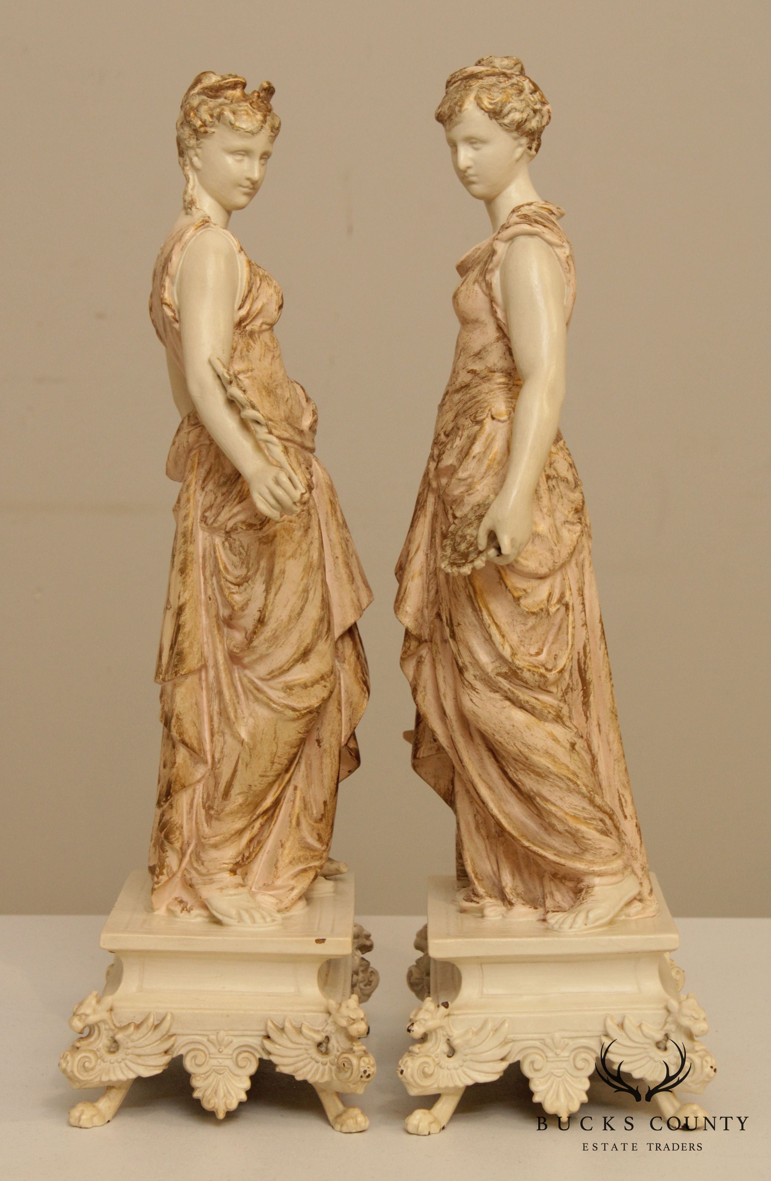 Antique Cast Spelter Pair Figural Goddess Statues