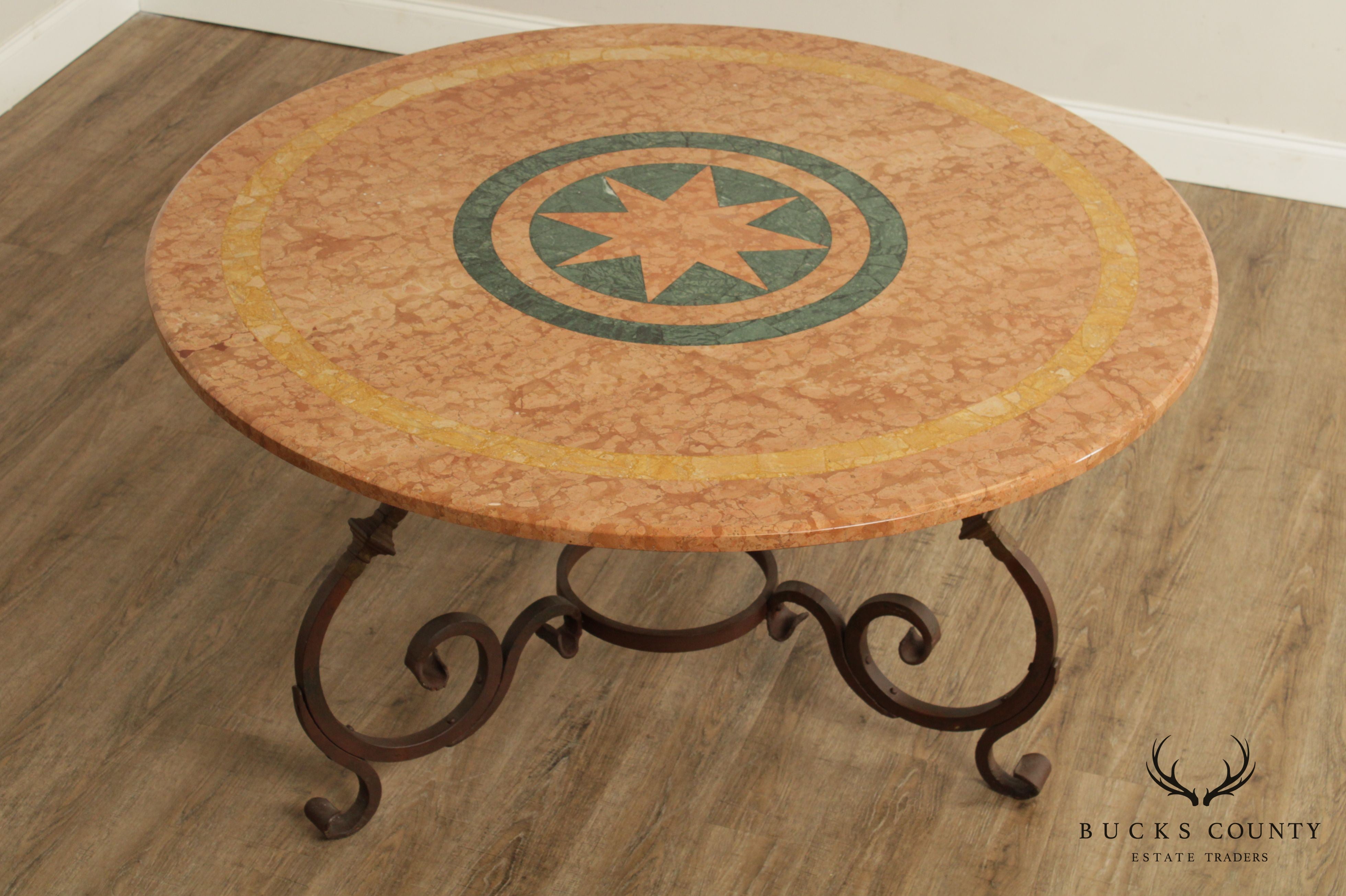 Tuscan Style Iron Scroll Base Round Marble Top Dining Table