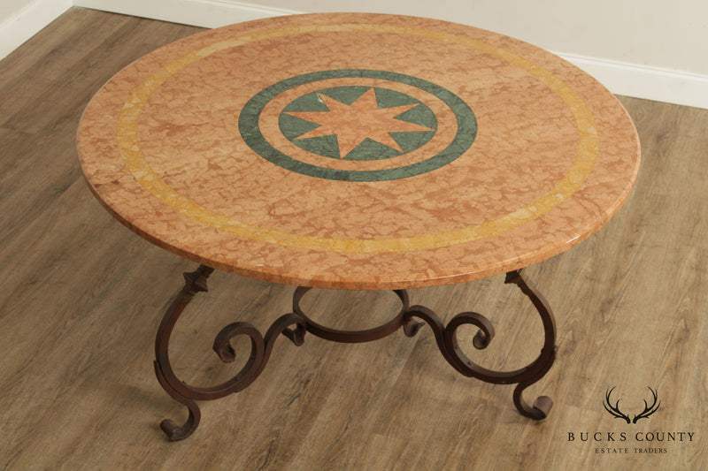 Tuscan Style Iron Scroll Base Round Marble Top Dining Table