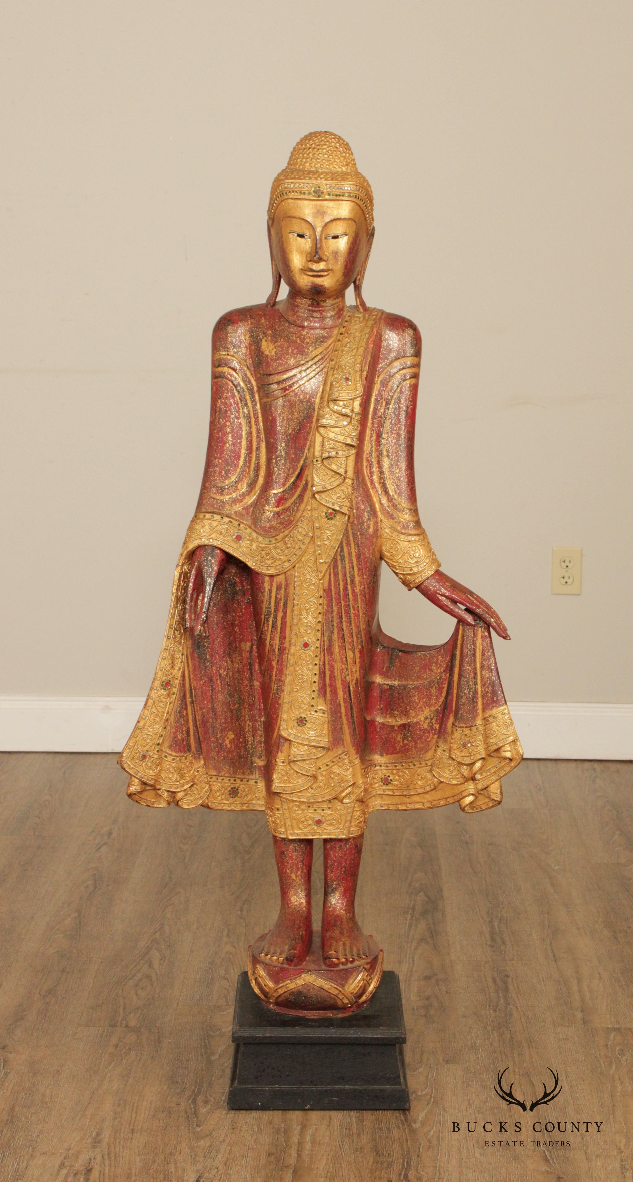 Burmese Mandalay Gilded Red Lacquer Tall Standing Buddha