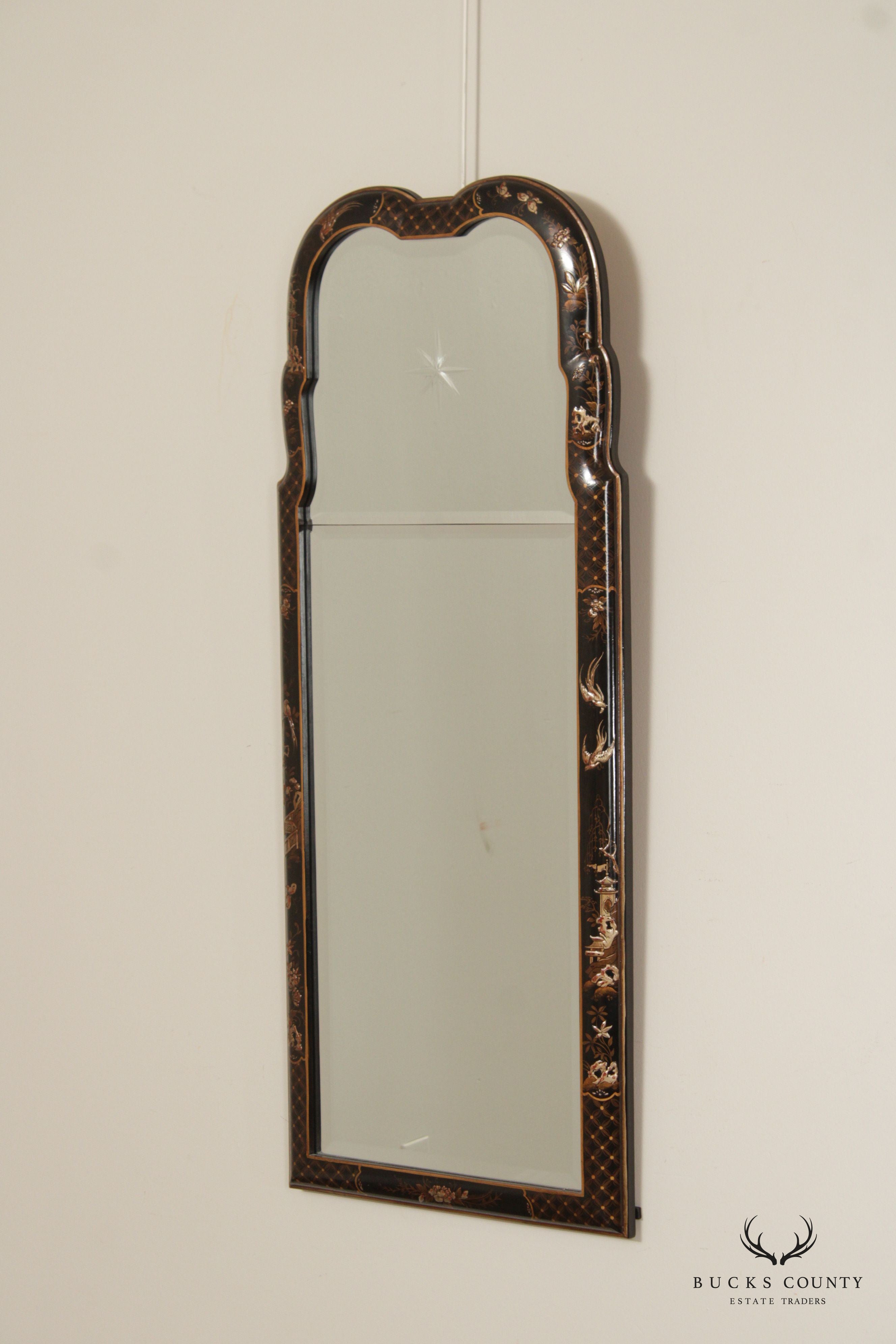 LaBarge Chinoserie Ebonized and Gilt Beveled Wall Mirror