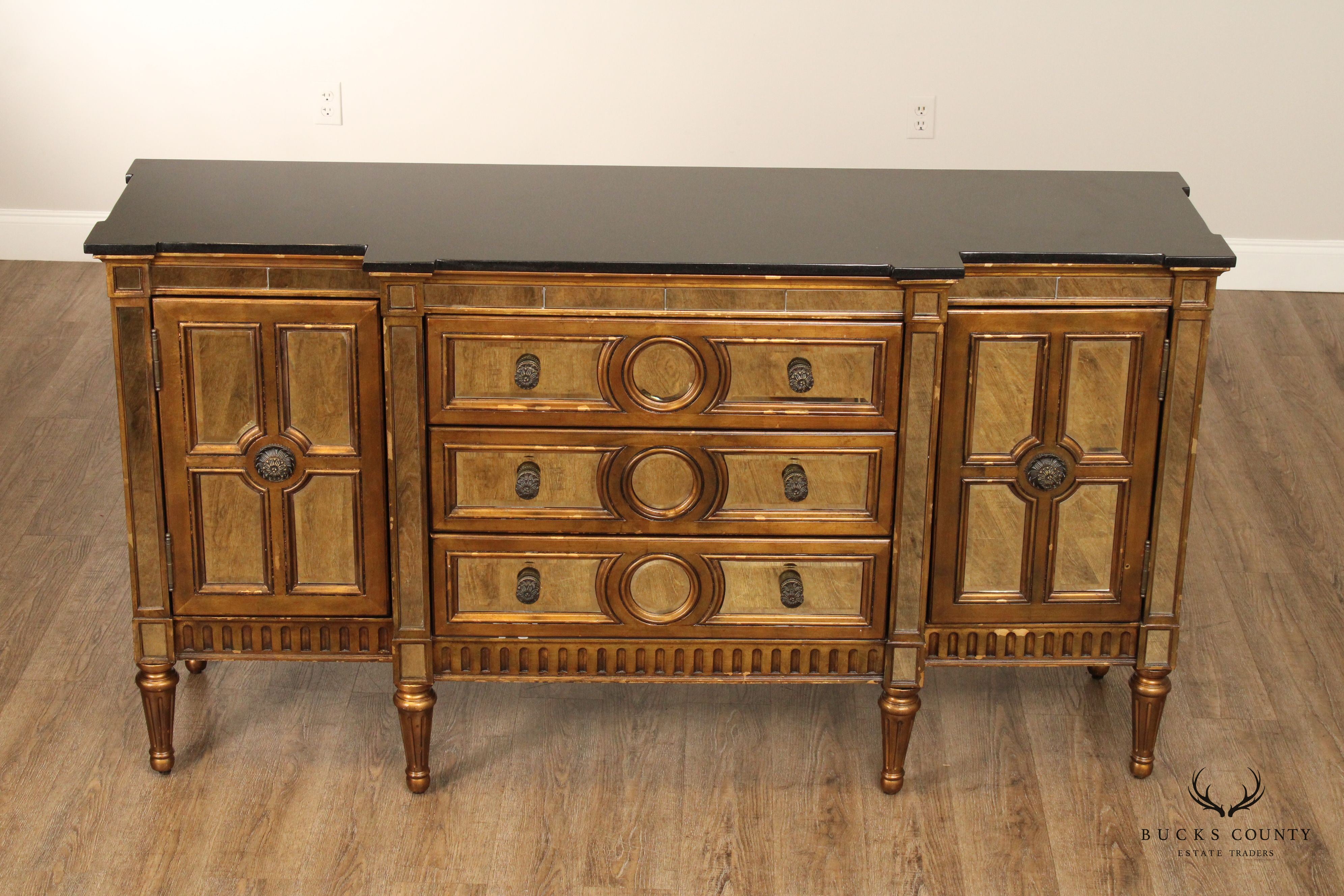 Italian Hollywood Regency Style Marble Top Mirrored Sideboard Buffet