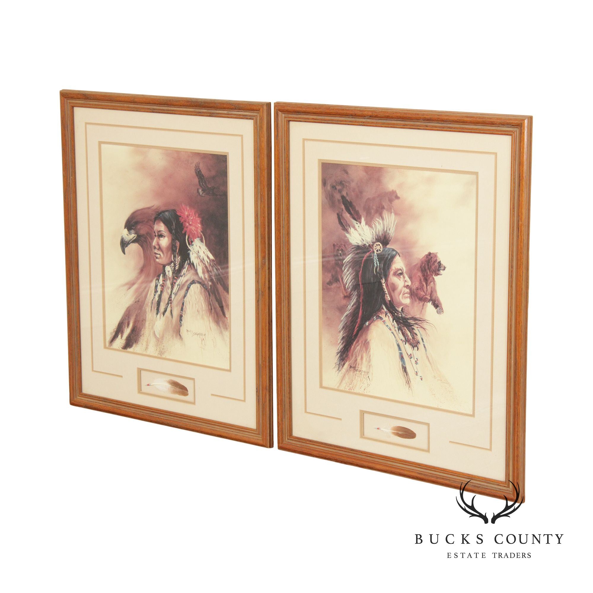 Mary Selfridge Pair Native American Portrait Prints, Custom Framed