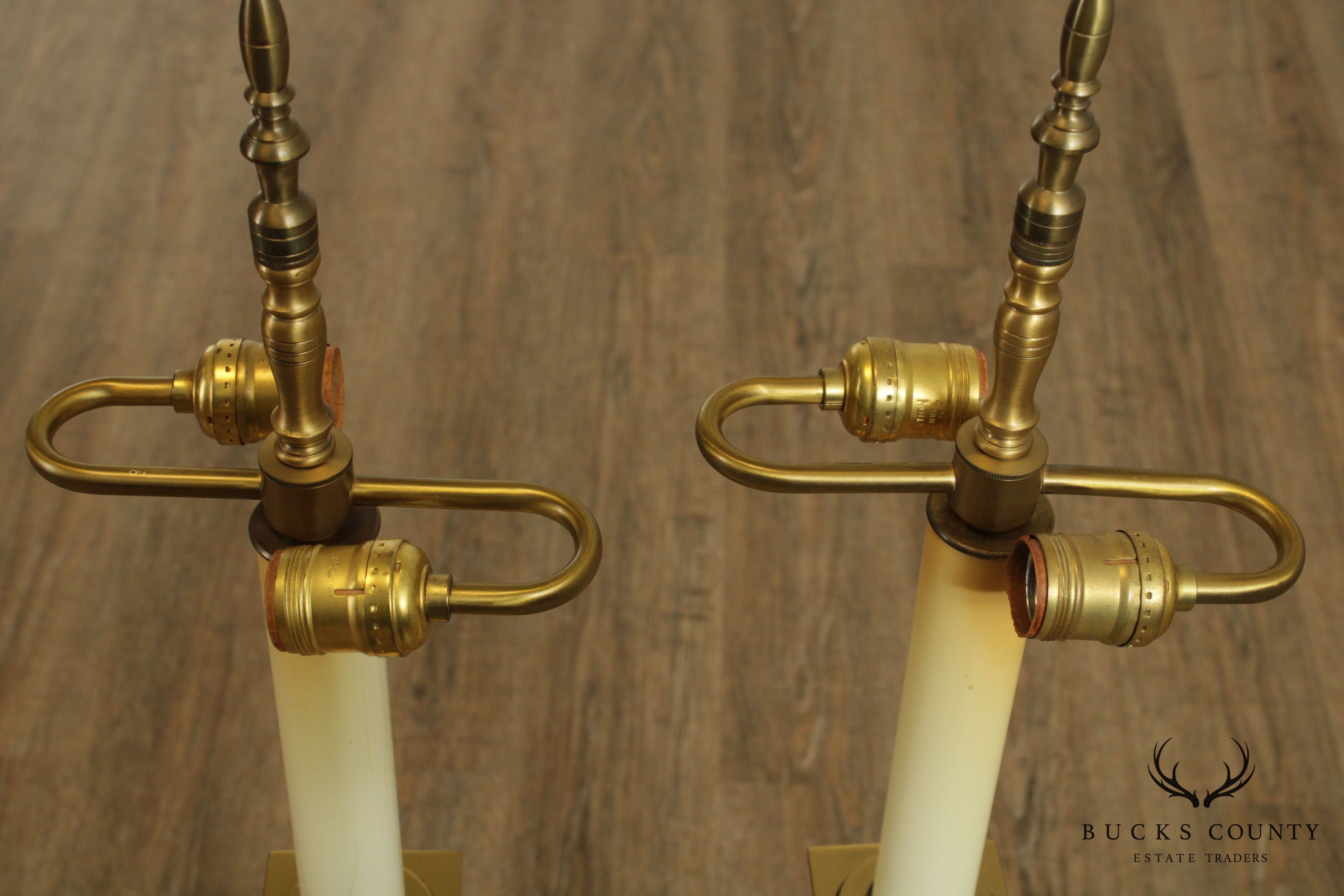 Stiffel Neo-Classical Style Pair Ivory Lacquered And Brass Column Table Lamps