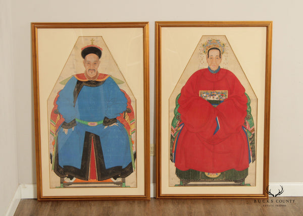 Antique Chineses Pair Ancestral Watercolor Portraits