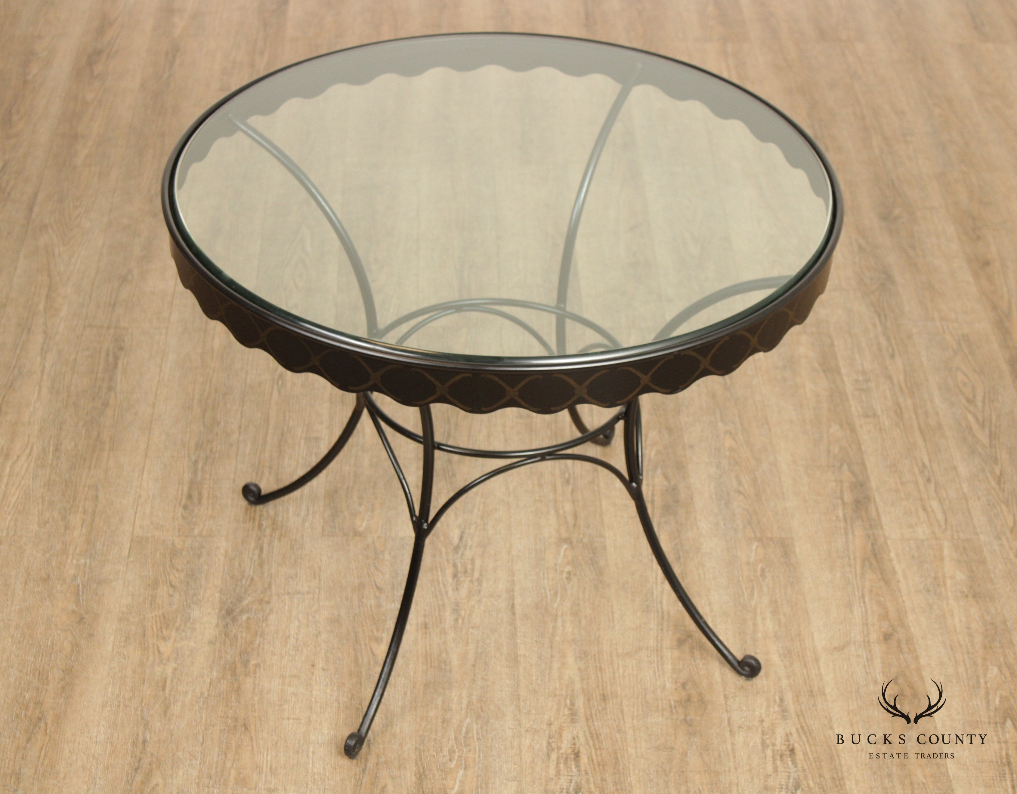 Vintage Round Wrought Iron Glass Top Outdoor Dining Table